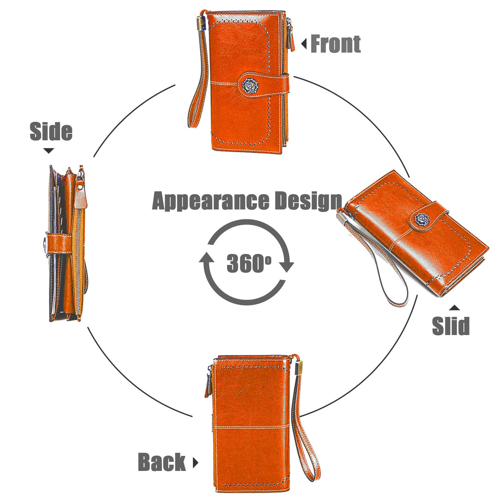 Genuine Leather RFID Blocking Women's Wallet with Large Capacity - Credit Card Holder & Phone Case Clutch Bag for Ladies (Orange, Classic) | Perfect for Travel, Shopping, and Everyday Use