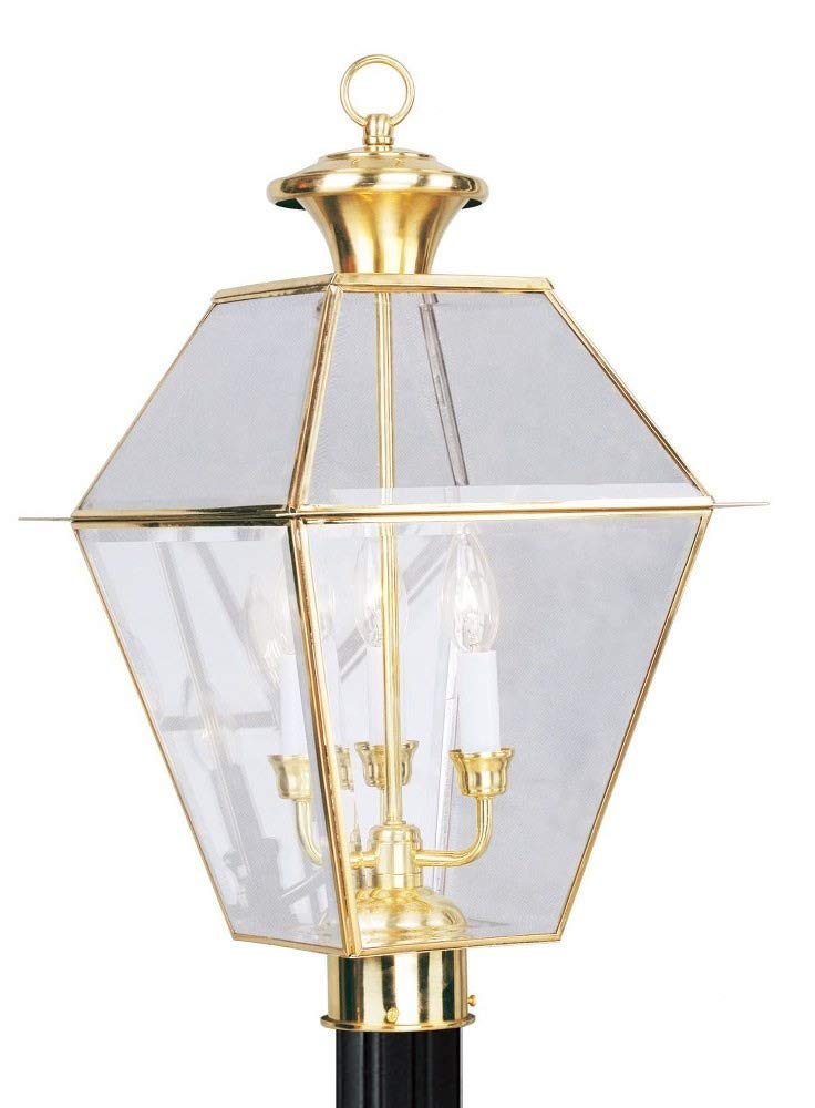 Livex Lighting 2384-02 Traditional 3-Light Outdoor Post-Top Lantern - Westover Collection, 12-Inch Cast Finish in Polished Brass - Perfect for Porch, Garden & Pathway Lighting