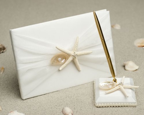 Starfish & Shell Beach Wedding Guest Book and Pen Set - Elegant White & Silver for Beach Weddings, Bridal Showers, and Coastal-Themed Events