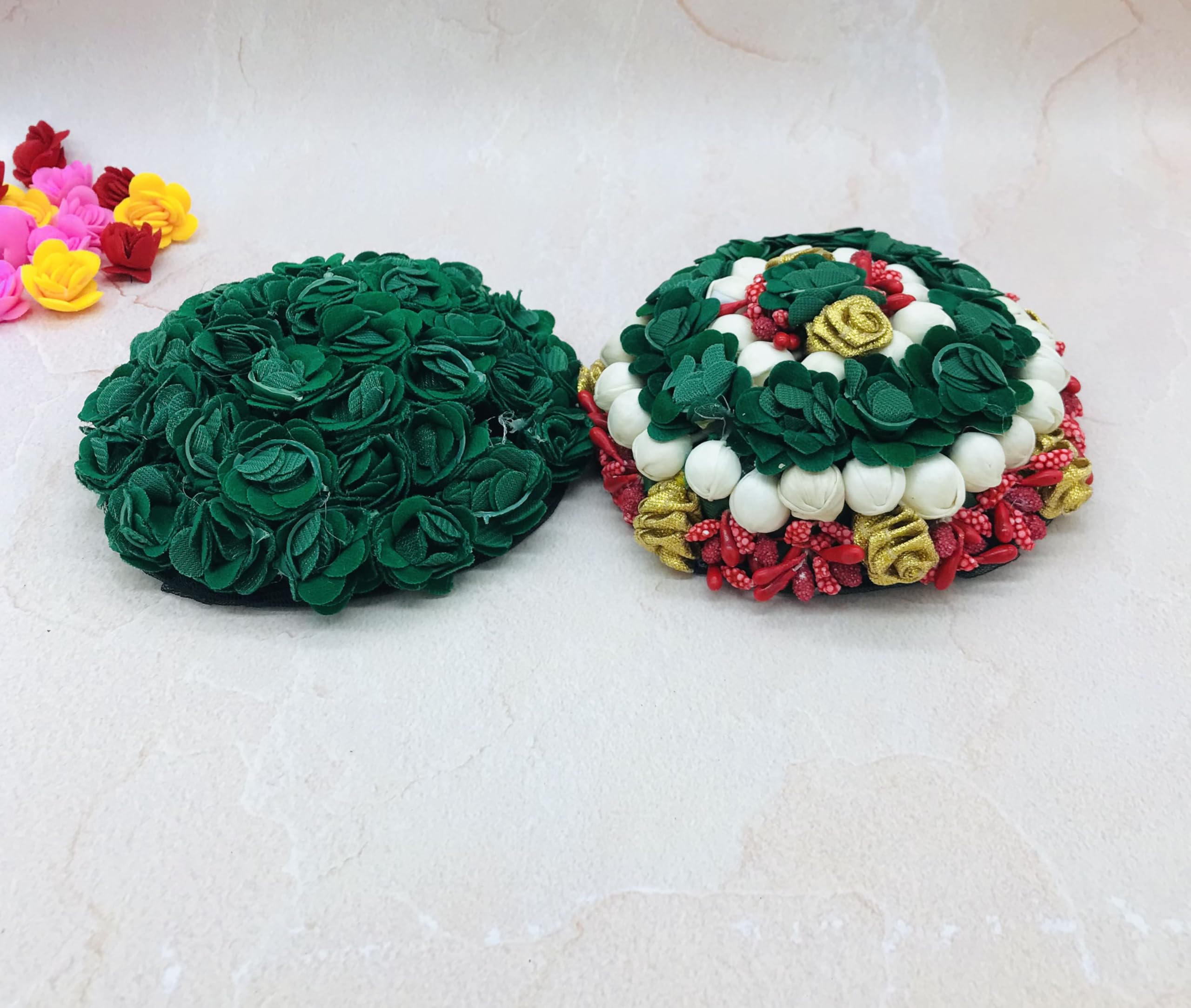 Gadinfashion™ Bridal Artificial Flower Hair Juda Gajra - 2 Pack Green Floral Bun Hair Accessories for Women & Girls - Perfect for Weddings, Parties & Indian Traditional Events