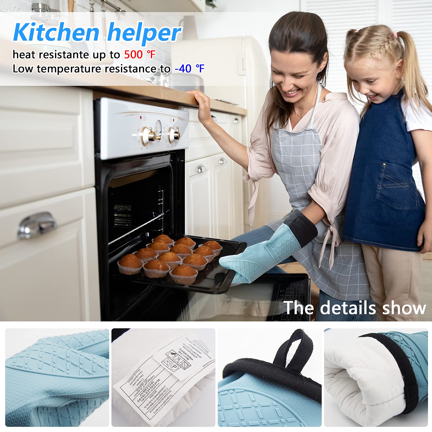 Heat Resistant Silicone Oven Gloves for Cooking, Baking, BBQ & Grilling - Waterproof & Non-Slip Kitchen Mitts for Microwave, Stovetop & Food Handling - Perfect for Hot Pans, Baking Sheets & Outdoor Grilling