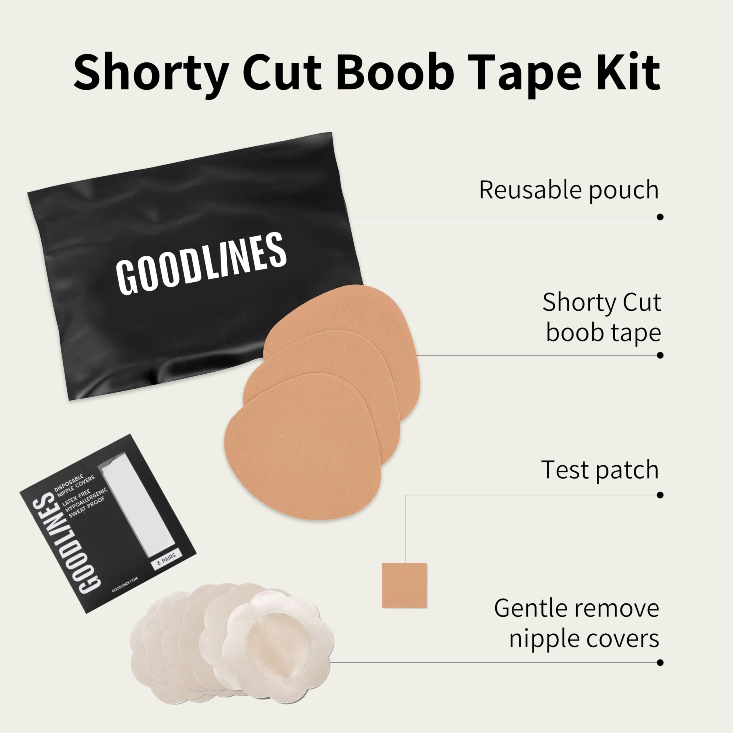 Strong Boob Tape Kit - Good Lines Shorty Cut - Lift & Support for Dresses, Swimsuits, & Strapless Outfits