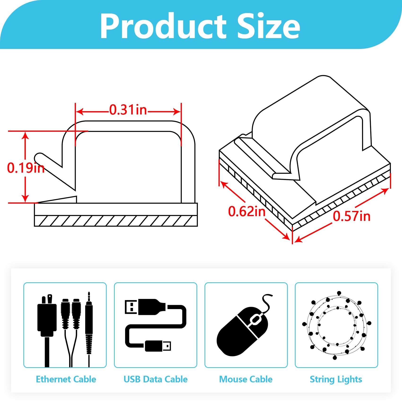 100PCS Clear Adhesive Cable Clips - Strong Wire Organizer for Wall, Desk, TV & Ethernet Cords - Perfect for Christmas Lights, String Lights & PC Cable Management (Indoor/Outdoor Use)