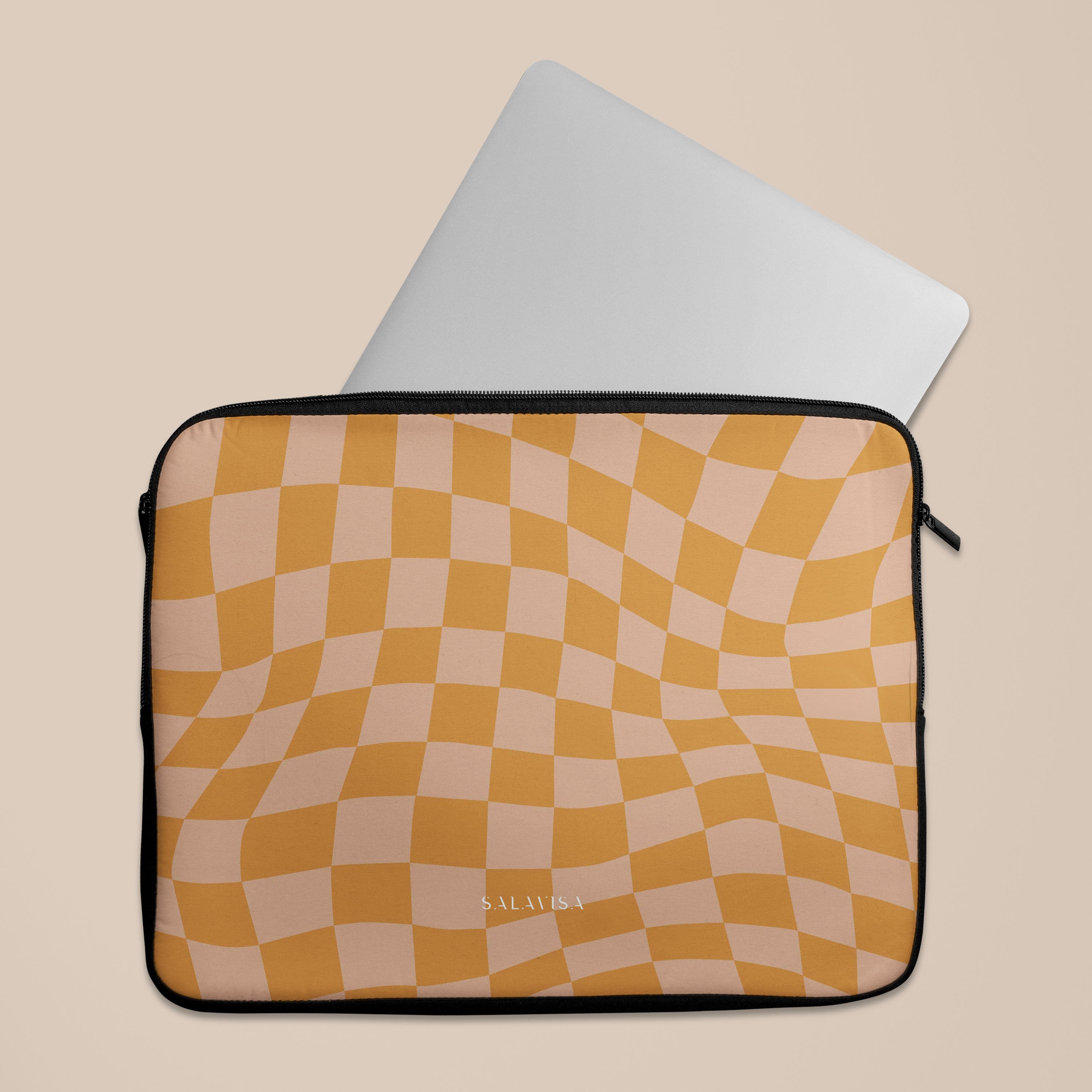 Orange Wave Checkered Laptop Sleeve 13-15 Inch - Stylish Protective Case for MacBook, Notebook & Chromebook - Perfect for Work, School & Travel Accessories