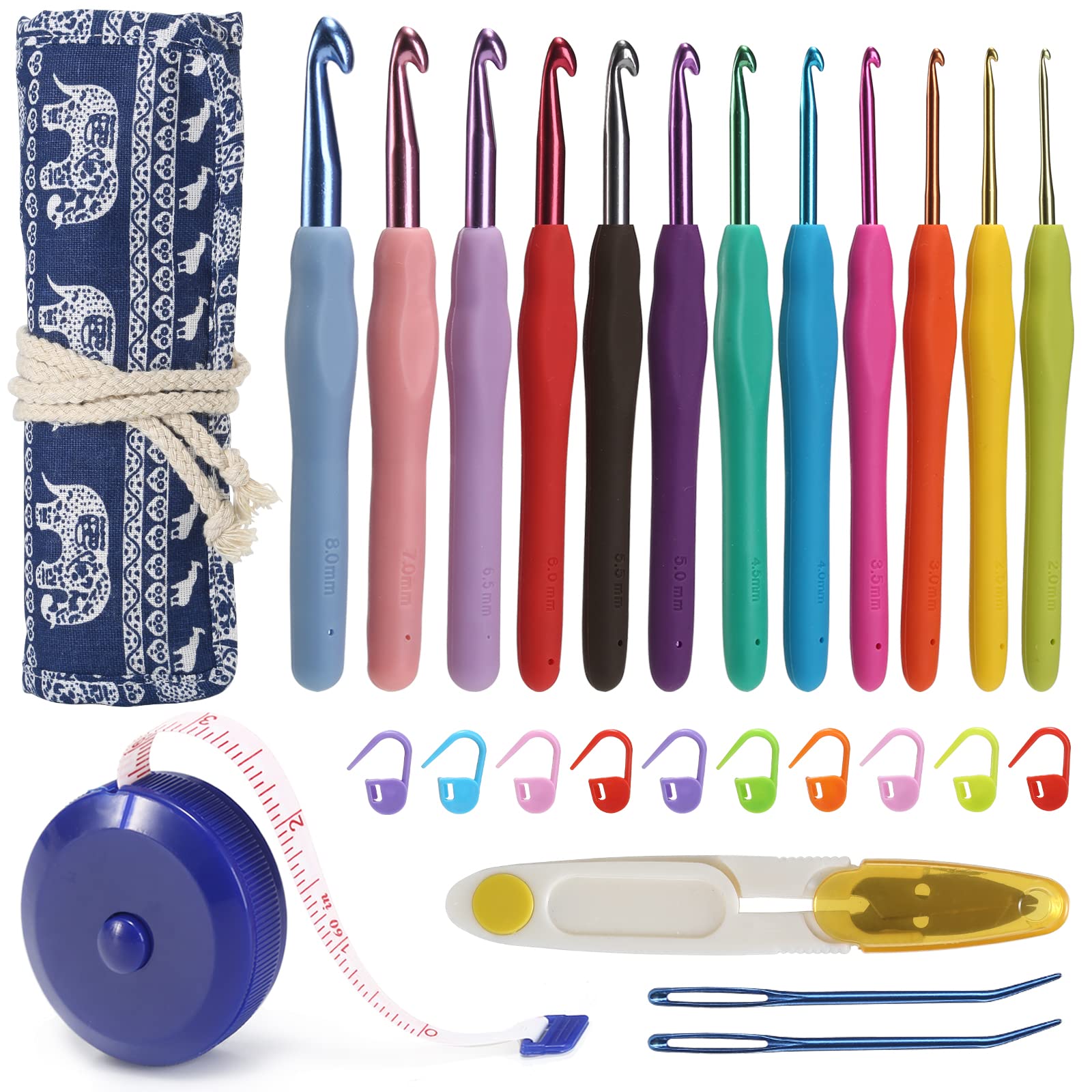 YOJOB Ergonomic Crochet Hooks Set (12 Sizes 2.0mm-8.0mm) - Soft Grip Knitting Needles with Case & Accessories for Yarn Crafts, DIY Projects & Crochet Beginners | Perfect for Blankets, Scarves & Amigurumi