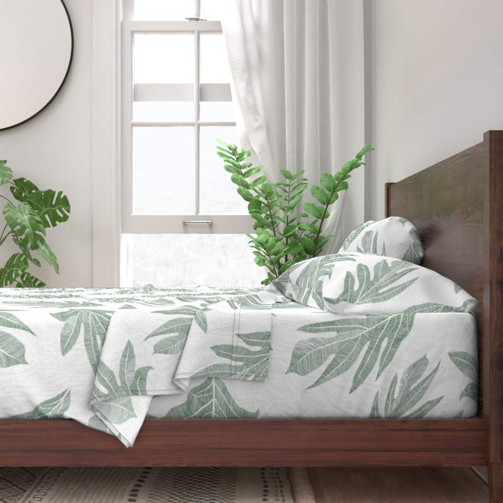100% Cotton Twin Sheet Set 3pc - Tropical Hawaiian Aloha Leaves & Polynesian Palms Print | Green & White Modern Bedding | Perfect for Beach House, Vacation Rental & Boho Chic Bedroom Decor
