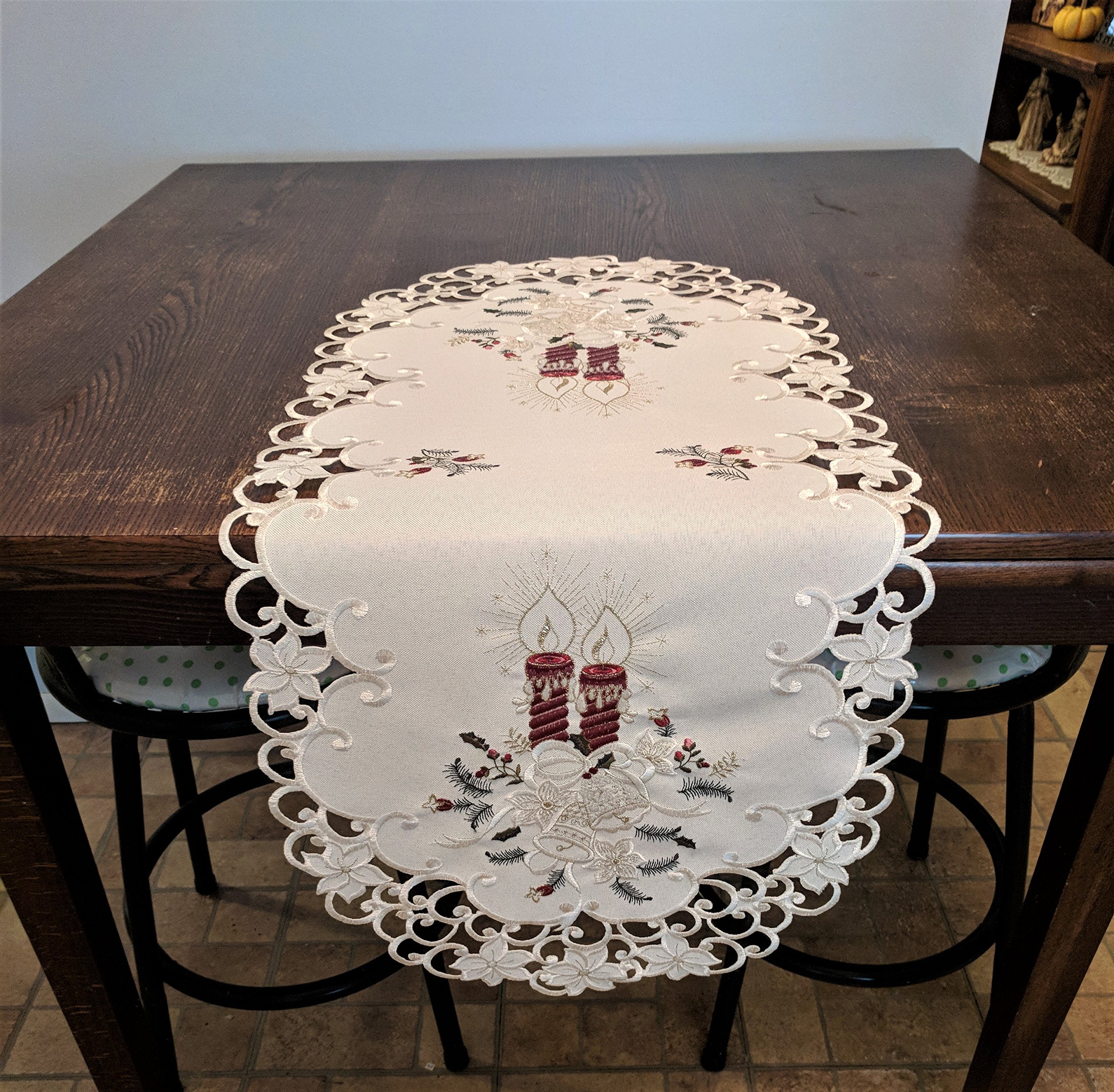 Elegant Christmas Table Runner - 70x15 Inch Ivory Burlap with Burgundy Candles Design for Holiday Dining Decor | Perfect for Christmas Dinner, Party Centerpiece & Festive Home Decor