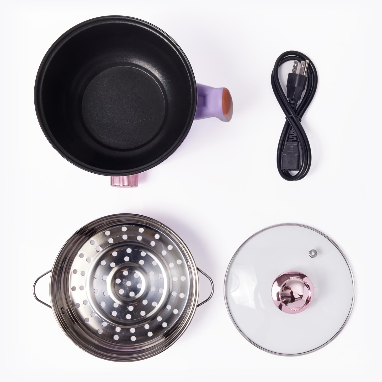 Electric Hot Pot with Steamer - 1.8L Non-Stick Multi-Cooker for Ramen, Soup, Noodles, Steak & Oatmeal | Fast Heating with Temperature Control & Rotary Switch | Perfect for Dorm, Office, Camping & Small Kitchen (Purple)