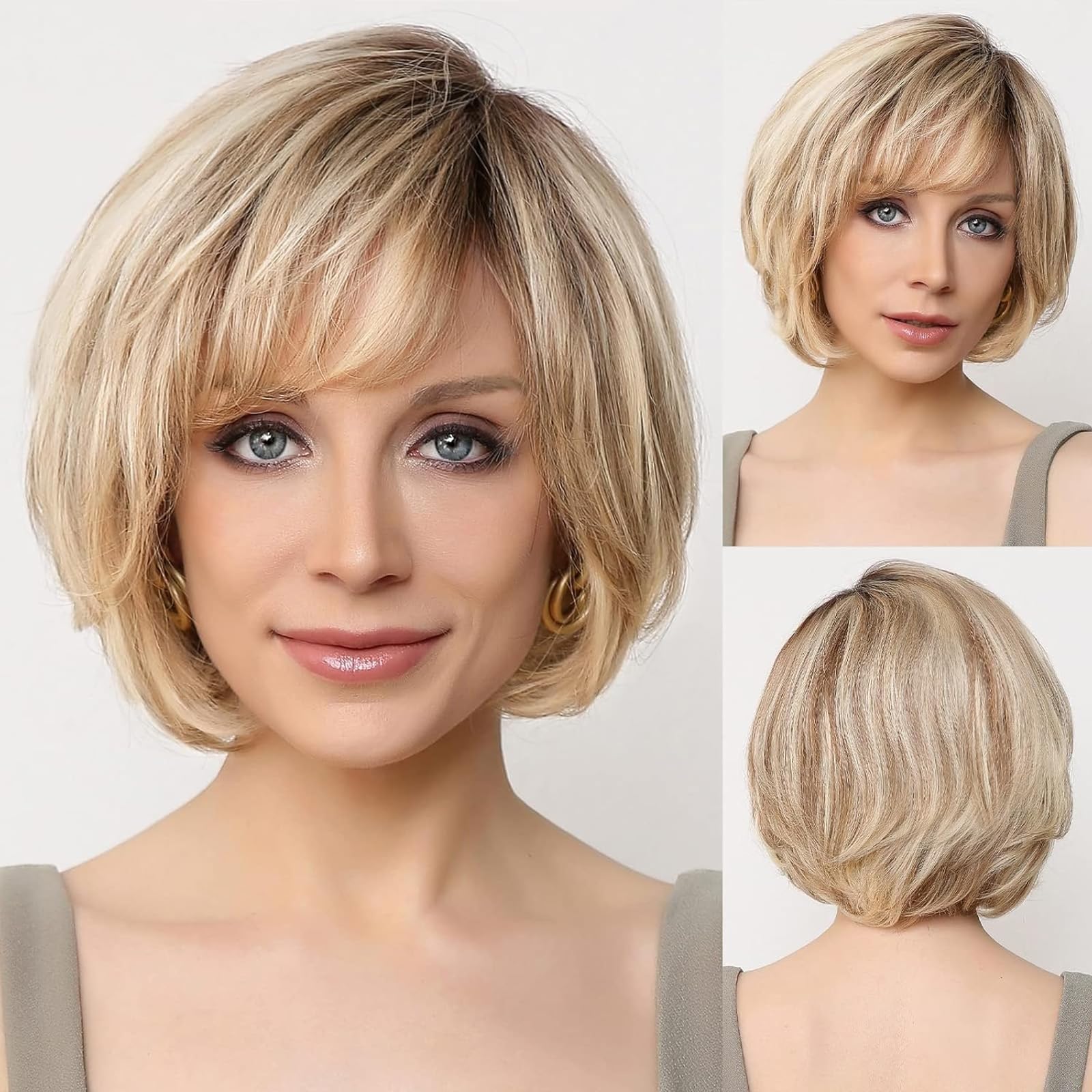 EMMOR 100% Human Hair Lace Front Wig for Women - Natural Layered Wavy Ombre Light Blonde Mixed Brown Hand-Tied Wig | Perfect for Daily Wear, Parties & Special Occasions