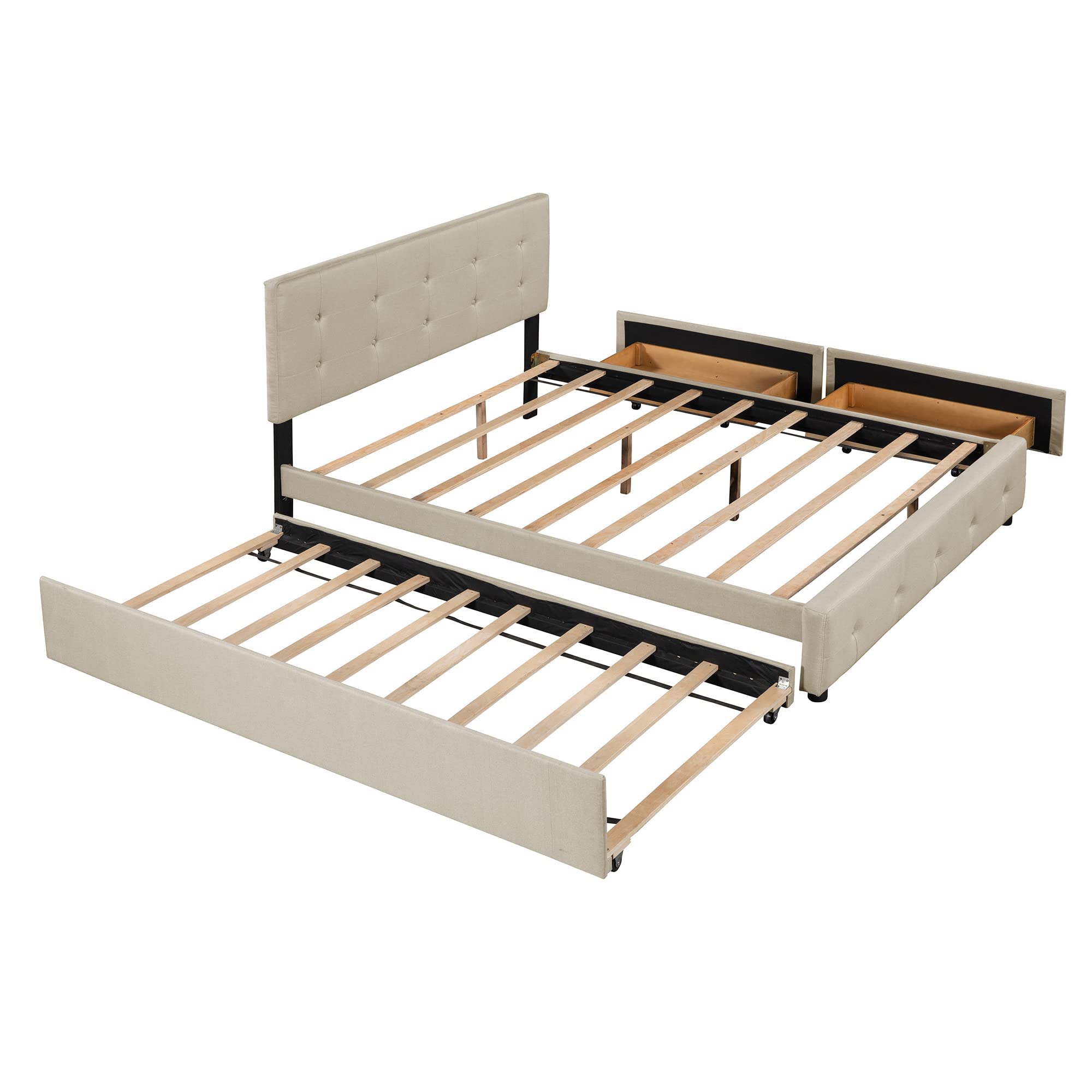 P PURLOVE Queen Size Upholstered Storage Platform Bed with Headboard - 2 Drawers & Twin XL Trundle, No Box Spring Needed, Dark Beige Bed Frame for Small Space & Guest Room Solutions