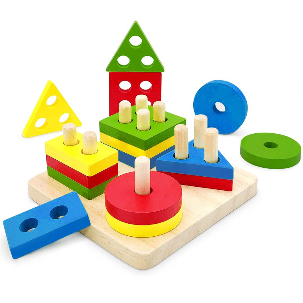 KOKOBOX Wooden Sorting & Stacking Puzzle Toy - Educational Shape Blocks for Kids Ages 2-4 | Geometric Colors & Shapes Learning Game | Montessori Toddler Development Toy for Preschool Classroom & Home Play