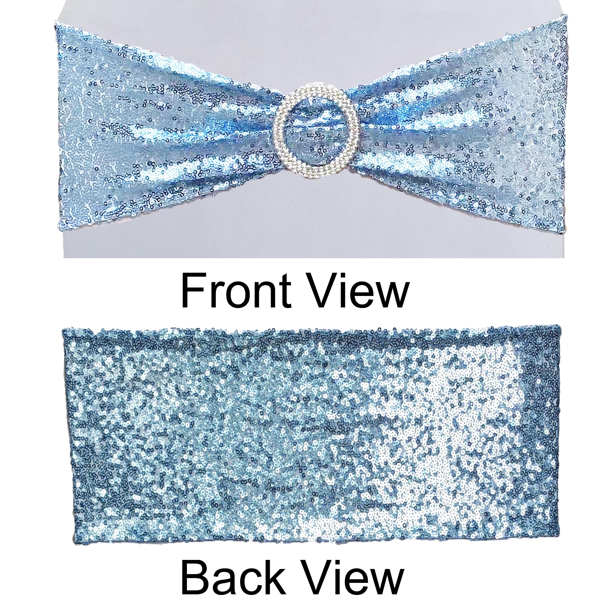 High Elastic Sequin Chair Sashes with Buckle - Soft Stretch Shining Chair Bows for Wedding, Birthday Party & Home Decoration (Light Blue, 10 Pack) - Perfect for Banquet Decor, Bridal Showers & Special Events
