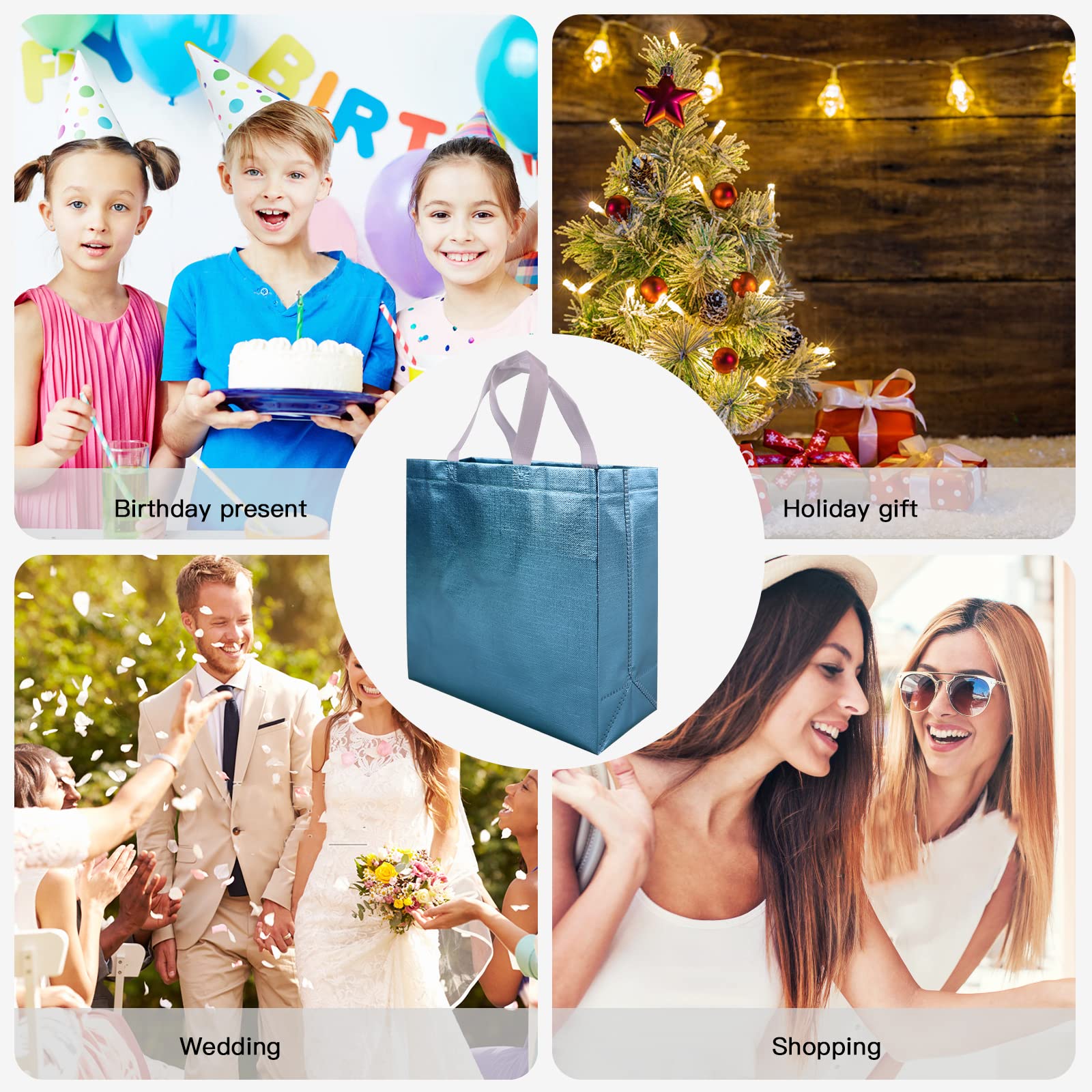 CHENGBAI 15-Pack Blue Metallic Shimmer Reusable Tote Gift Bags with Handles - Bulk Party Favor Bags for Birthdays, Weddings, Christmas & Holiday Gifting - Perfect for Gift Wrapping, Party Decorations & Event Favors