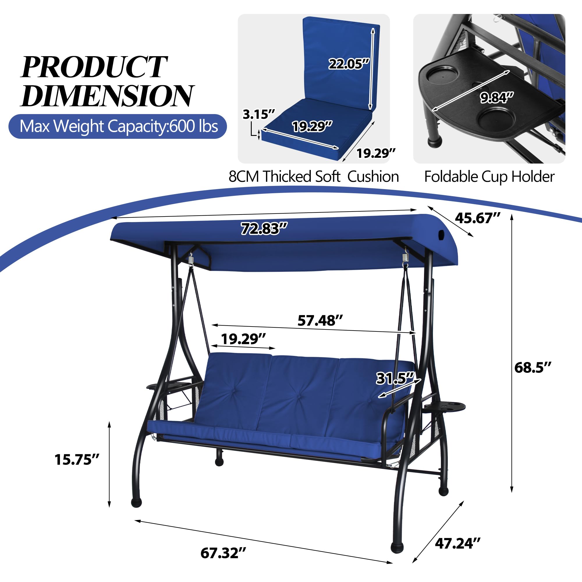 COVERONICS 3-Seat Outdoor Porch Swing with Convertible Canopy - Adjustable Shade & Removable Cushions - Navy Blue Patio Lounge Chair for Deck, Backyard, Poolside - Perfect for Relaxing, Sunbathing & Outdoor Entertaining