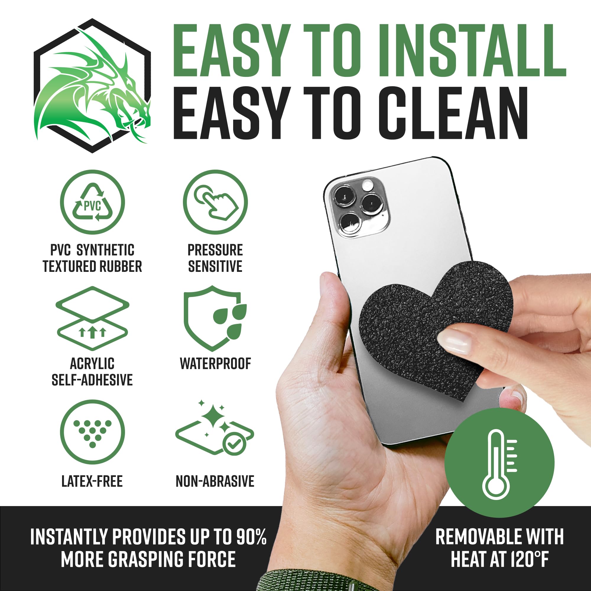 Dragon Grips Tactical Non-Slip Grip Tape Heart Stickers - 10PCS Black Textured Rubber Grip Decals for Enhanced Grip on Tablets, iPads, Laptops & Cell Phones - Self-Adhesive Multi-Purpose Grip Tape for Everyday Use in Home, Office, and Outdoor Activities