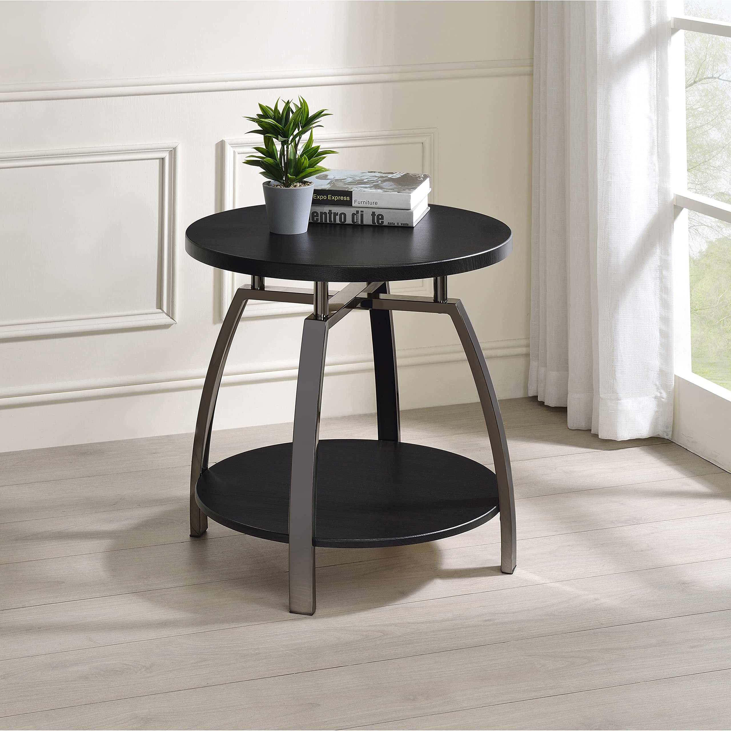 Industrial Modern Round End Table - Dark Grey & Black Nickel Finish with Polished Satin Shelf - Perfect for Living Room, Bedroom or Office Decor