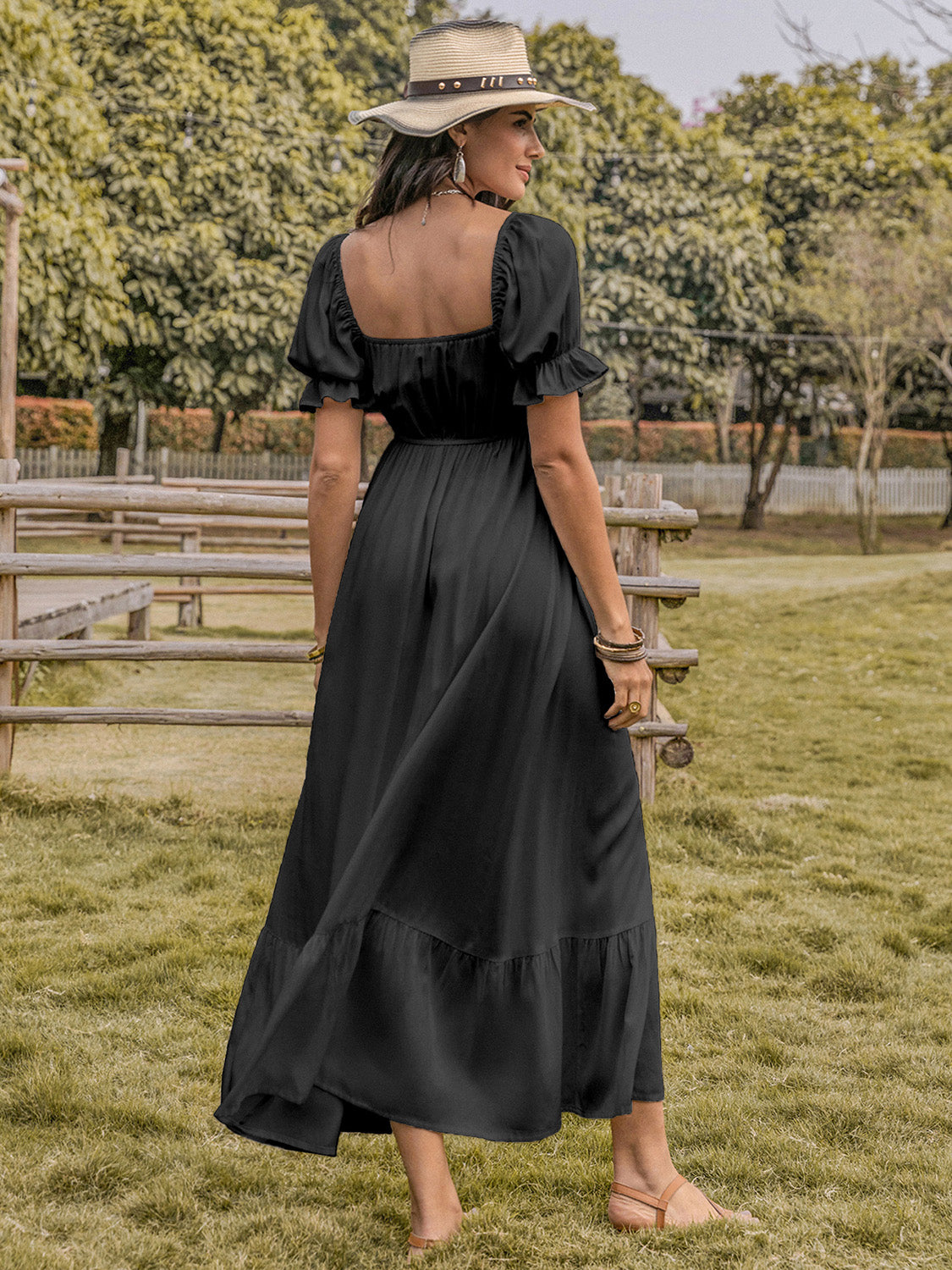 Square Neck Flounce Sleeve Midi Dress - Women's Elegant Summer Casual Dress for Party, Wedding & Vacation | Breathable Flowy A-Line Dress with Ruffle Details