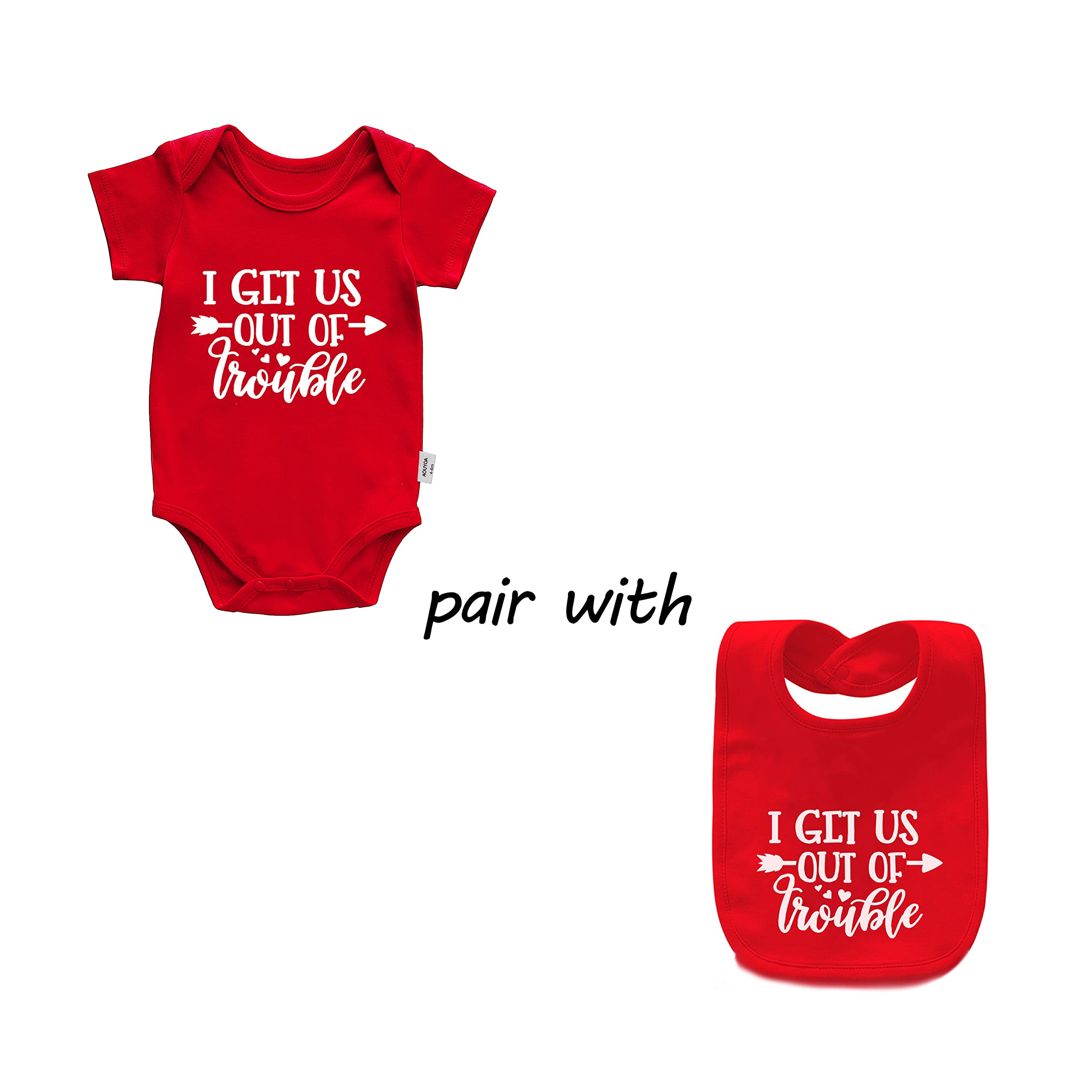 Adorable Twins Baby Bodysuit Set - Matching 'I Get Us Into/Out of Trouble' Outfits for Newborns | Perfect for Twin Photo Shoots, Family Matching Outfits & Special Occasions