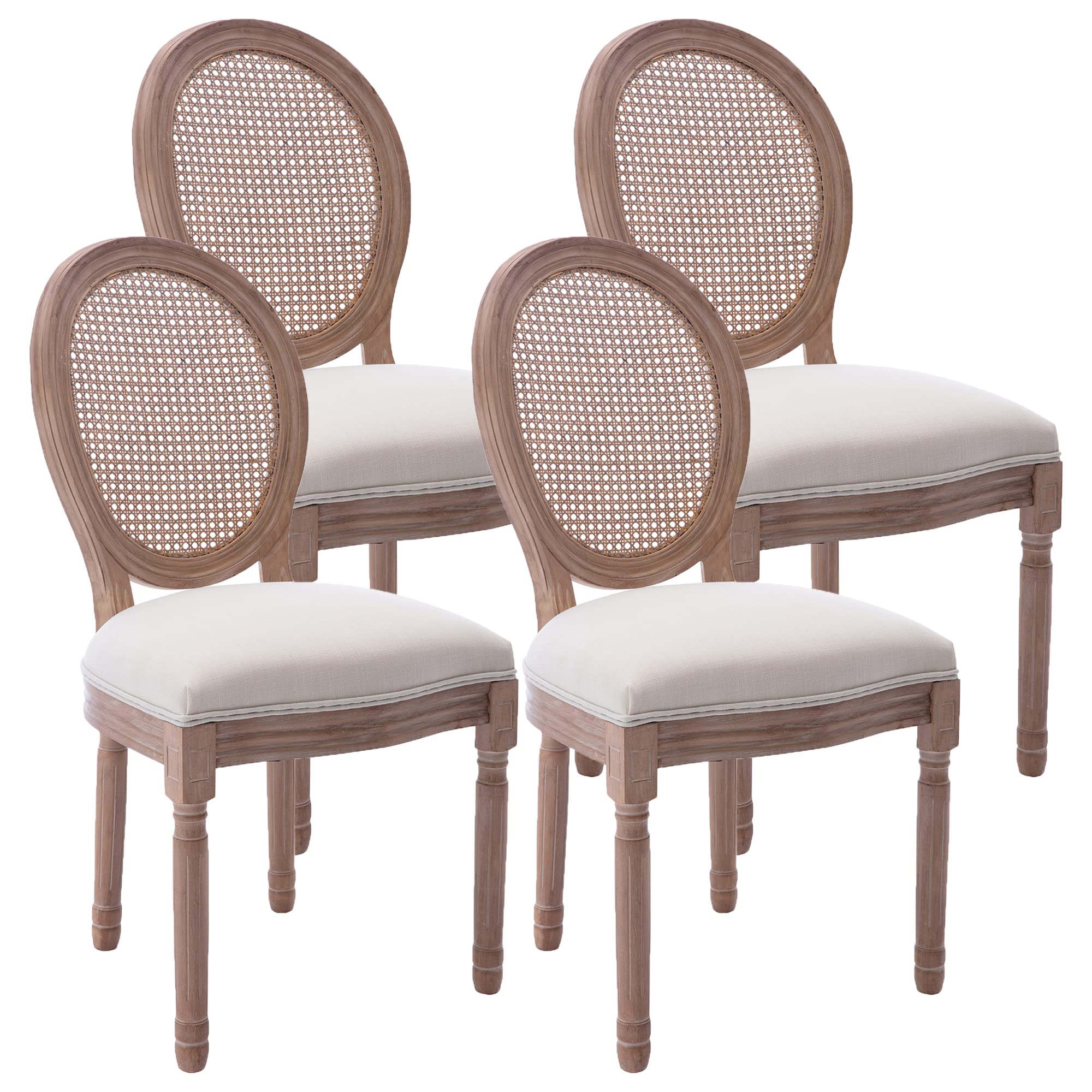 KCC French Dining Chair Set of 4 - Vintage Farmhouse Upholstered Chairs with Round Rattan Backrest & Solid Rubberwood Legs, Mid Century Modern Fabric Dining Chairs for Kitchen, Bedroom, Restaurant, Cafe and Home Decor