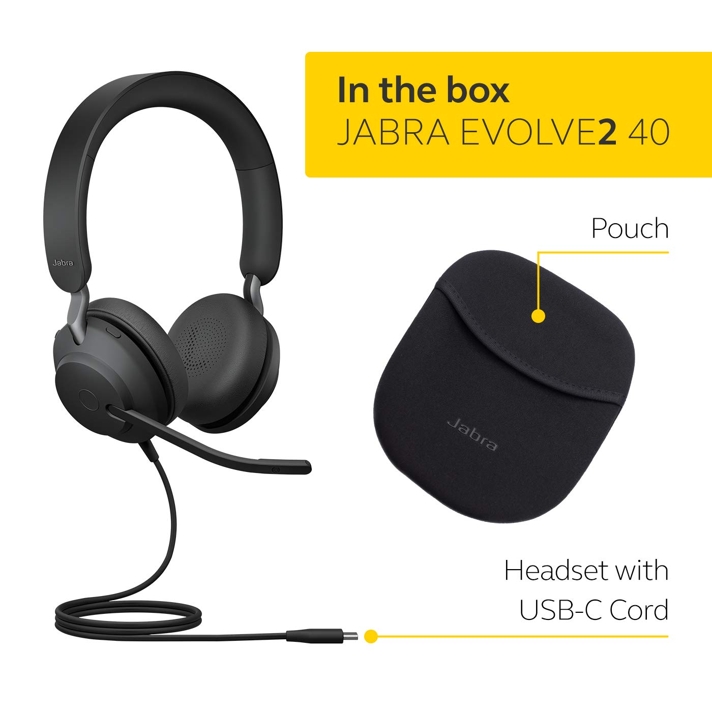 Jabra Evolve2 40 PC Headset - UC Certified Noise Cancelling Stereo Headphones with 3-Microphone Call Technology (USB-C, Black) - Perfect for Remote Work, Video Conferencing & Office Use