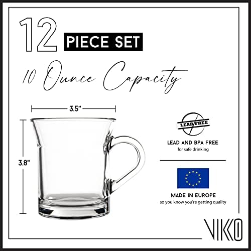 Vikko 10 oz Thick & Durable Clear Glass Coffee Mugs - Set of 12, Microwave & Dishwasher Safe - Perfect for Hot/Cold Beverages, Home, Office, Restaurant & Cafe Use