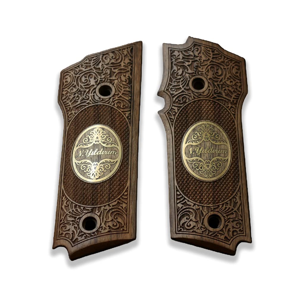 Smith & Wesson Model 59 Compatible Walnut & Brass Handgun Grip - Premium Pistol Grip for Enhanced Shooting Performance & Comfort (Range Shooting, Home Defense, Collectors)