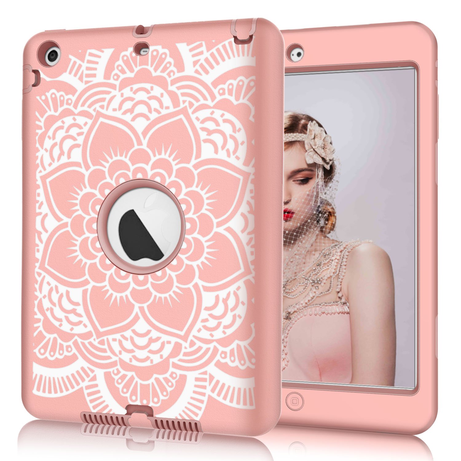 Hocase Shockproof Hybrid Protective Case for iPad Mini 1st/2nd/3rd Gen 7.9-inch - Dual Layer Hard Rubber Cover with Cute Flower Design (Rose Gold) | Perfect for School, Travel & Everyday Protection