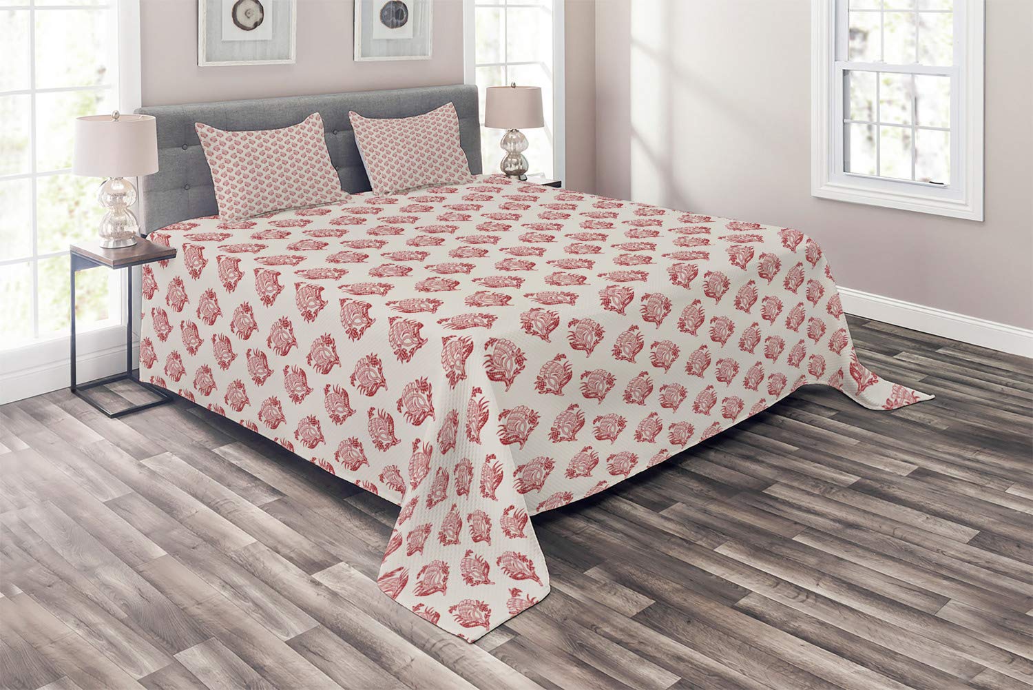 Ambesonne Vintage 3-Piece Quilted Bedspread Set with Floral & Jacobean Branch Design - King Size Eggshell & Vermilion Coverlet + 2 Pillow Shams | Perfect for Master Bedroom, Guest Room & Bohemian Home Decor