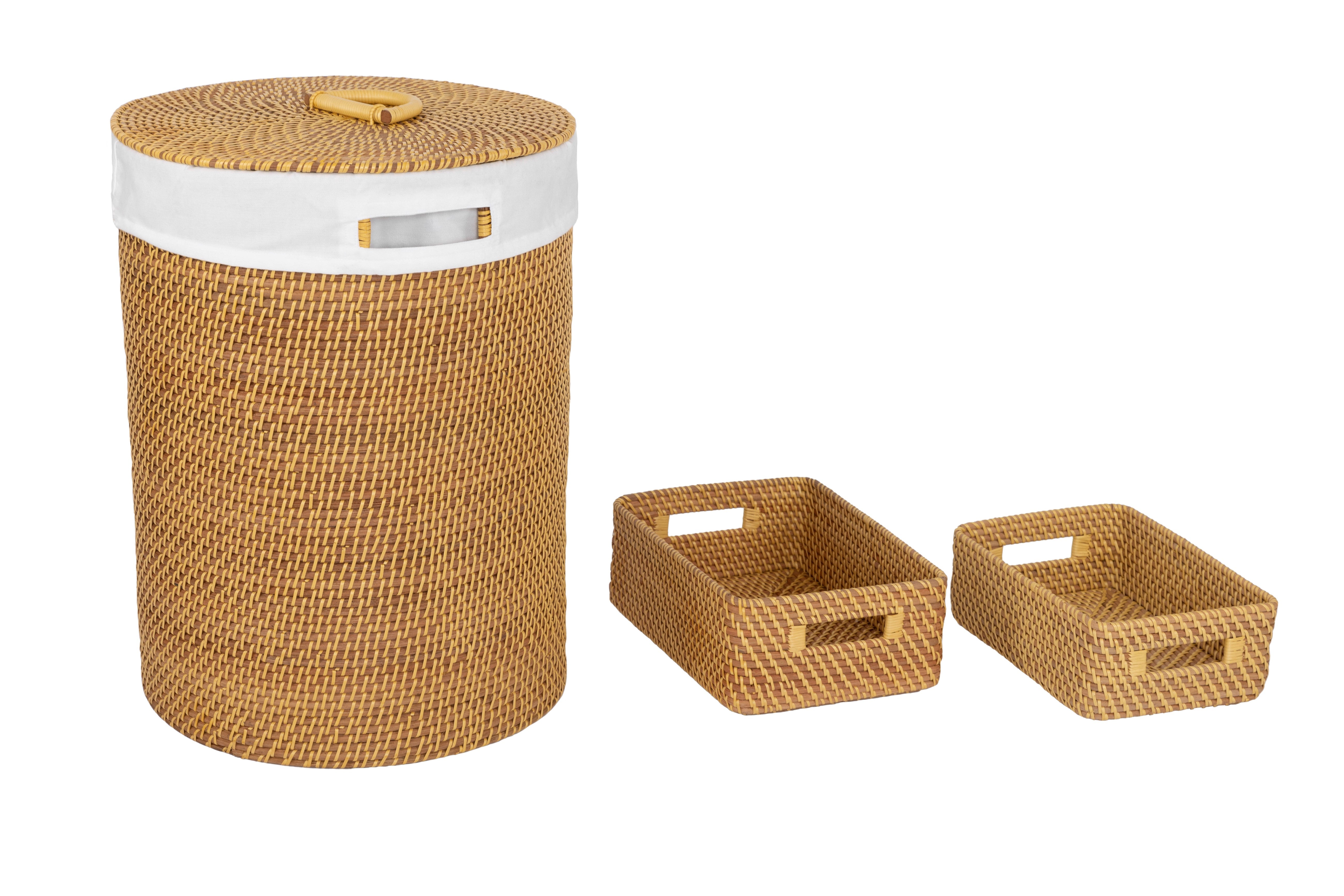 3-Piece Handwoven Rattan Laundry Hamper Basket Set with Lids - Stylish Storage for Bedroom, Bathroom & Closet Organization