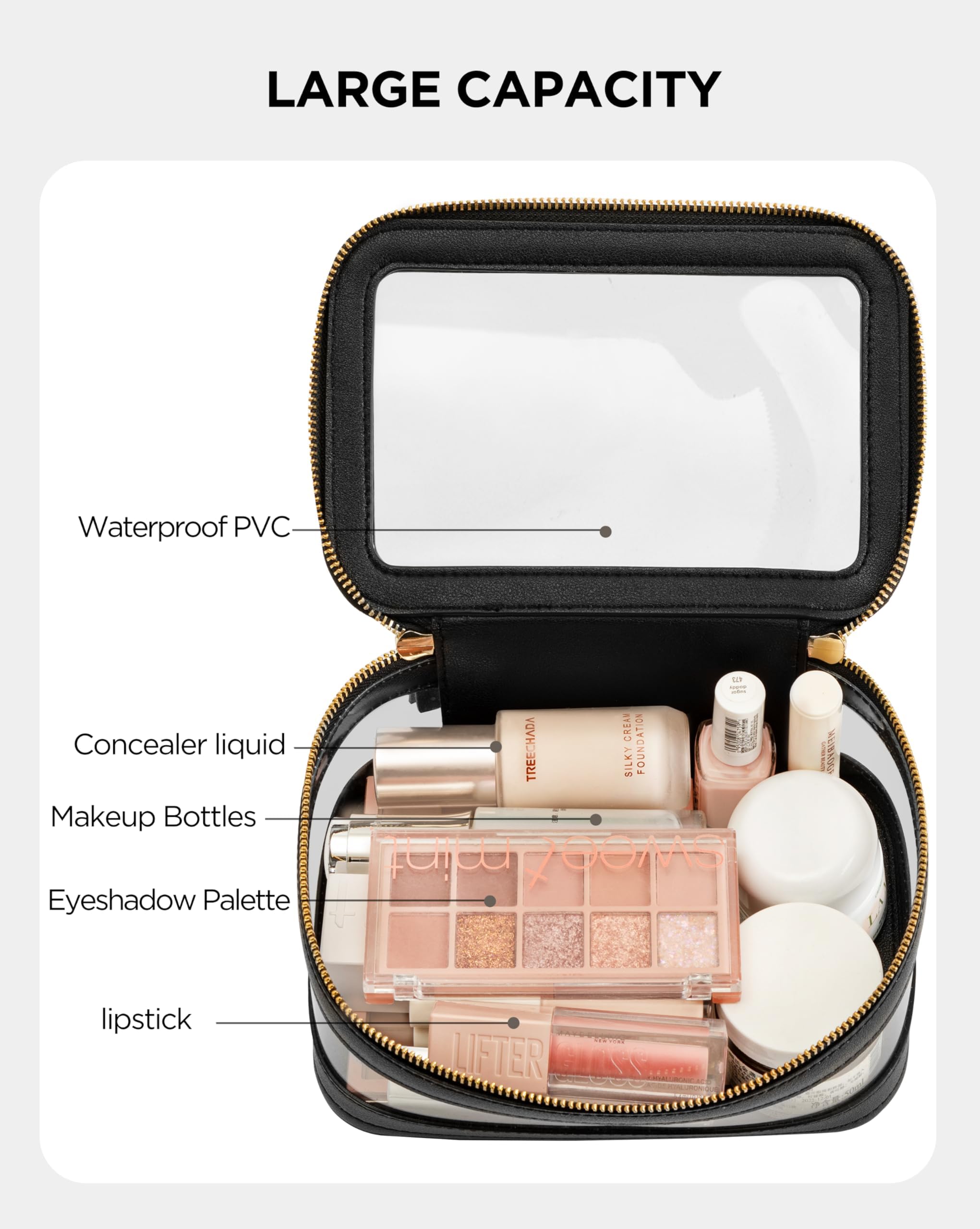 2 Pack Clear Waterproof Makeup Bag for Women - Travel Cosmetic Organizer Pouch, Portable Toiletry Bag for Makeup Brushes & Essentials (Black) - Perfect for Gym, Travel & Daily Use
