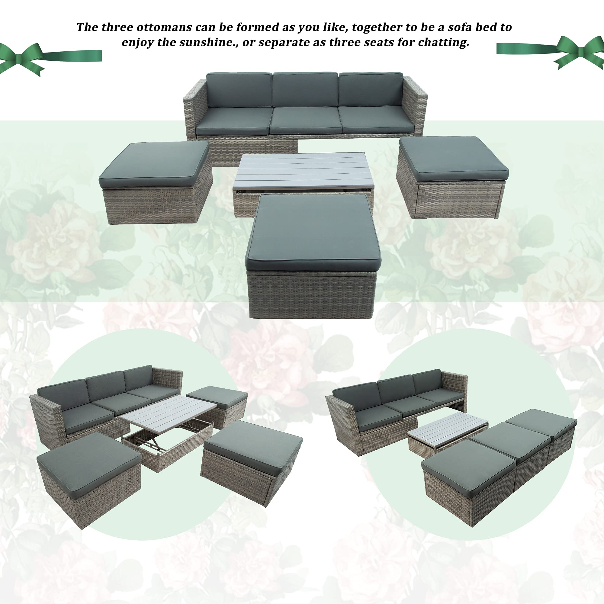 5-Piece Outdoor Patio Furniture Set - Wicker Sofa with Adjustable Backrest, Cushions, Ottomans & Lift-Top Coffee Table - Perfect for Garden, Poolside, Backyard, Balcony (Grey) - Ideal for Relaxing, Entertaining & Outdoor Lounging