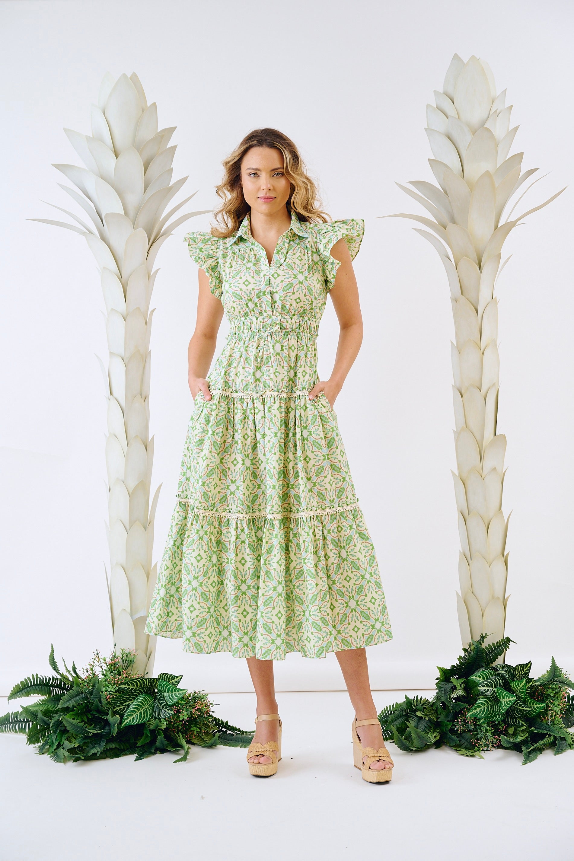 Flutter Sleeve Dress for Women - Lagos Green Flowy Summer Dress | Perfect for Beach, Vacation & Casual Outings