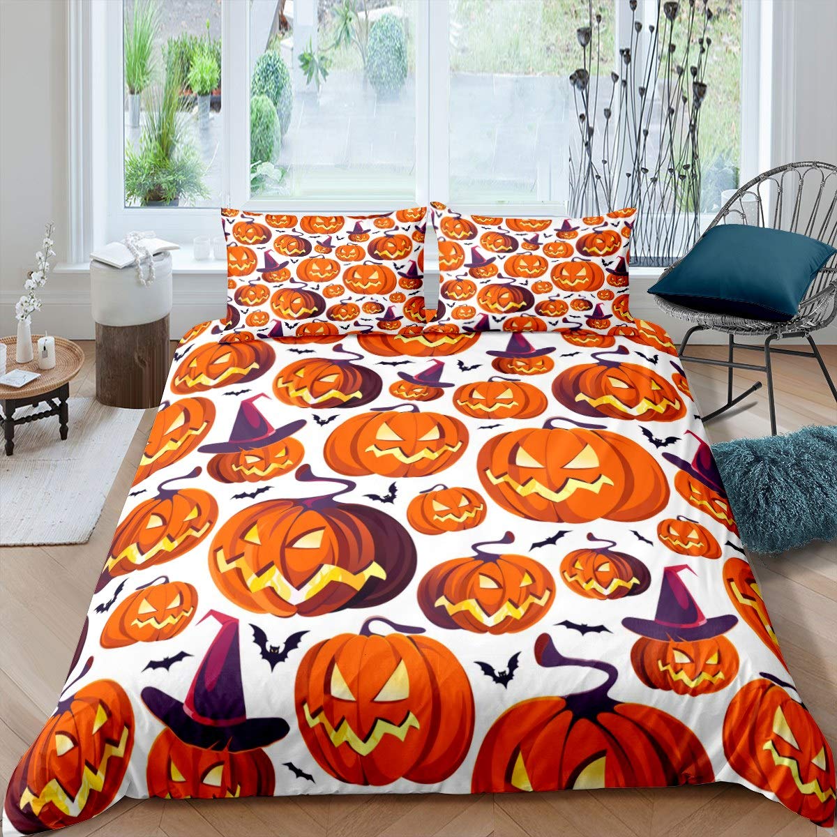 Feelyou Halloween Pumpkin Lantern Duvet Cover Set - Twin Size Kids Bedding with Jack O'Lantern & Ghost Bat Design - 2PC Zipper Closure Comforter Cover for Boys & Girls - Perfect for Halloween Decor, Kids' Room & Seasonal Bedroom Makeover