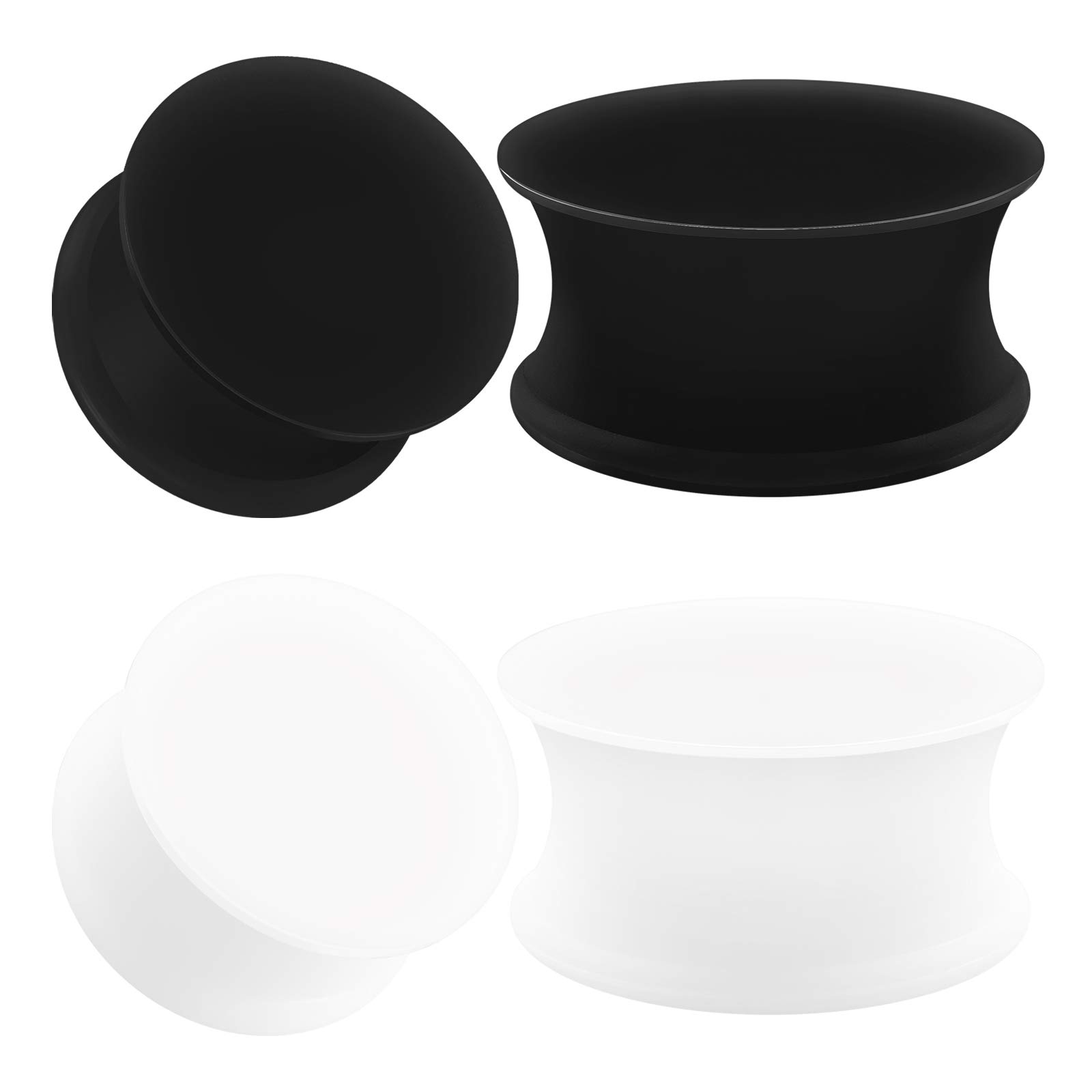 2 Pairs Black & White Silicone Double Flared Saddle Ear Plugs - Stretcher Jewelry for Ear Lobes - Flesh Tunnel Gauges for Men & Women - Perfect for Daily Wear, Parties & Body Modification