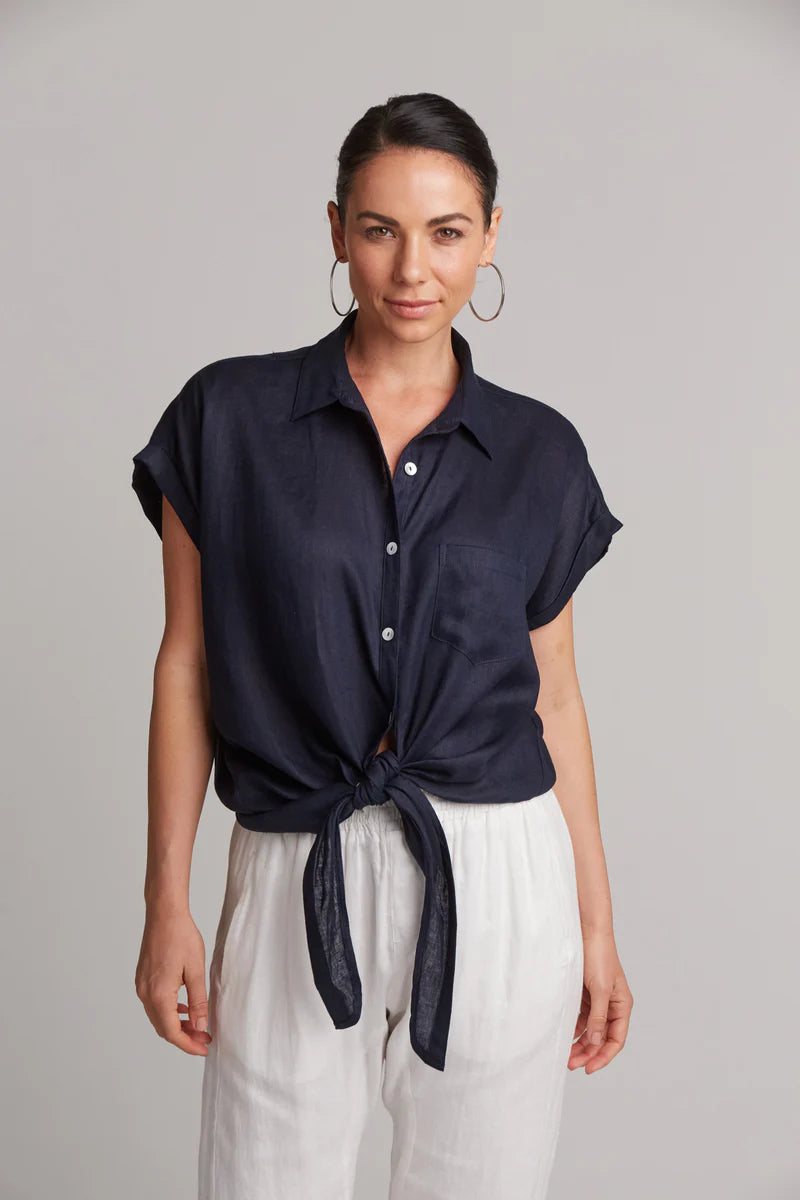 Women's Navy Blue Tie Front Linen Shirt - Breathable Summer Blouse for Casual Outings & Beach Wear