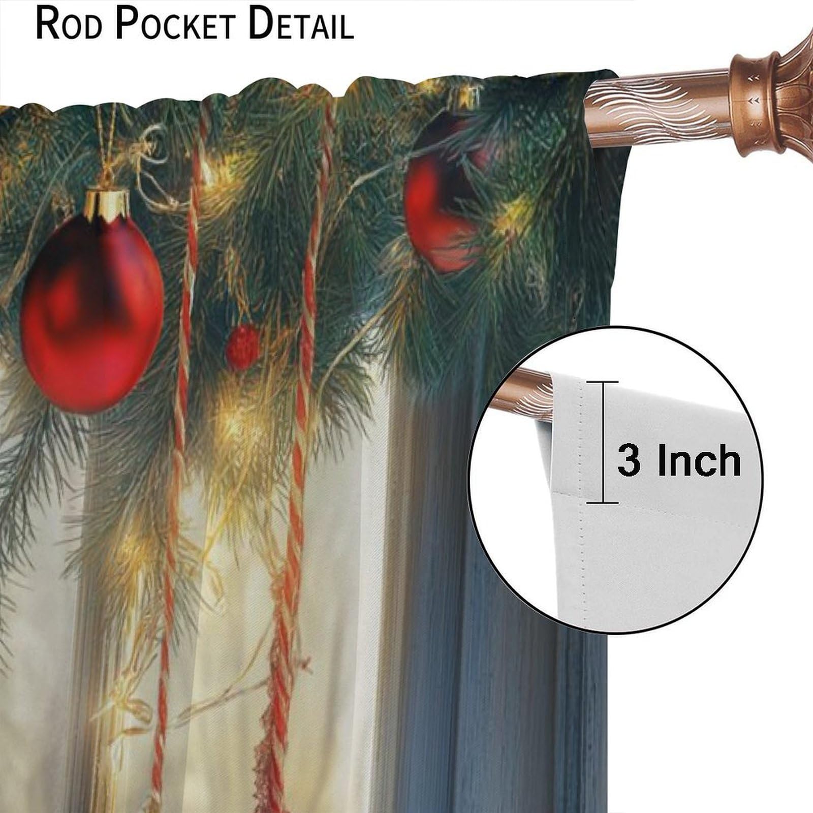 Festive Christmas Window Curtains with Pine Garland & Ornaments - Holiday Drapes with Warm LED Lights for Living Room Bedroom Decor - 21