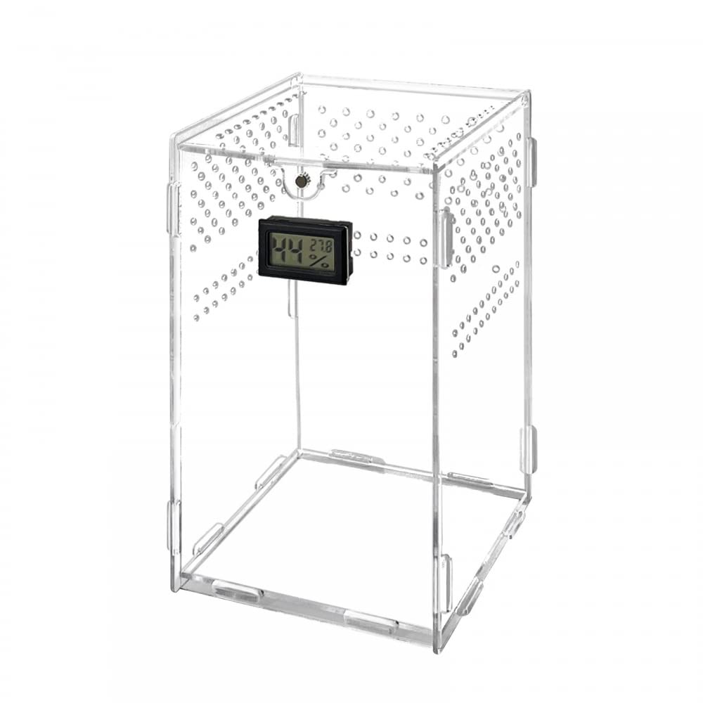 DONGKER Clear Acrylic Reptile Terrarium - 7.9x4.7x4.7 & 9.8x5.9x5.9 Inch Transparent Habitat Cage with Built-in Thermometer Hygrometer for Small Lizards, Snakes, Spiders - Perfect for Home, Office & Classroom Observation