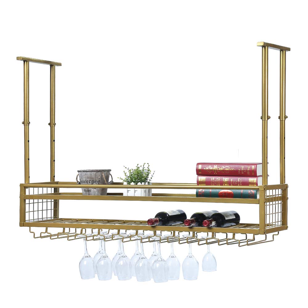 **47.2in Adjustable Metal Wine Glass Rack - Ceiling & Wall Mounted Hanging Holder for Bars, Restaurants & Home Kitchens - Industrial Iron Wine Shelf with Gold Finish (Perfect for Wine Storage & Display in Dining Rooms, Bars & Commercial Spaces)**