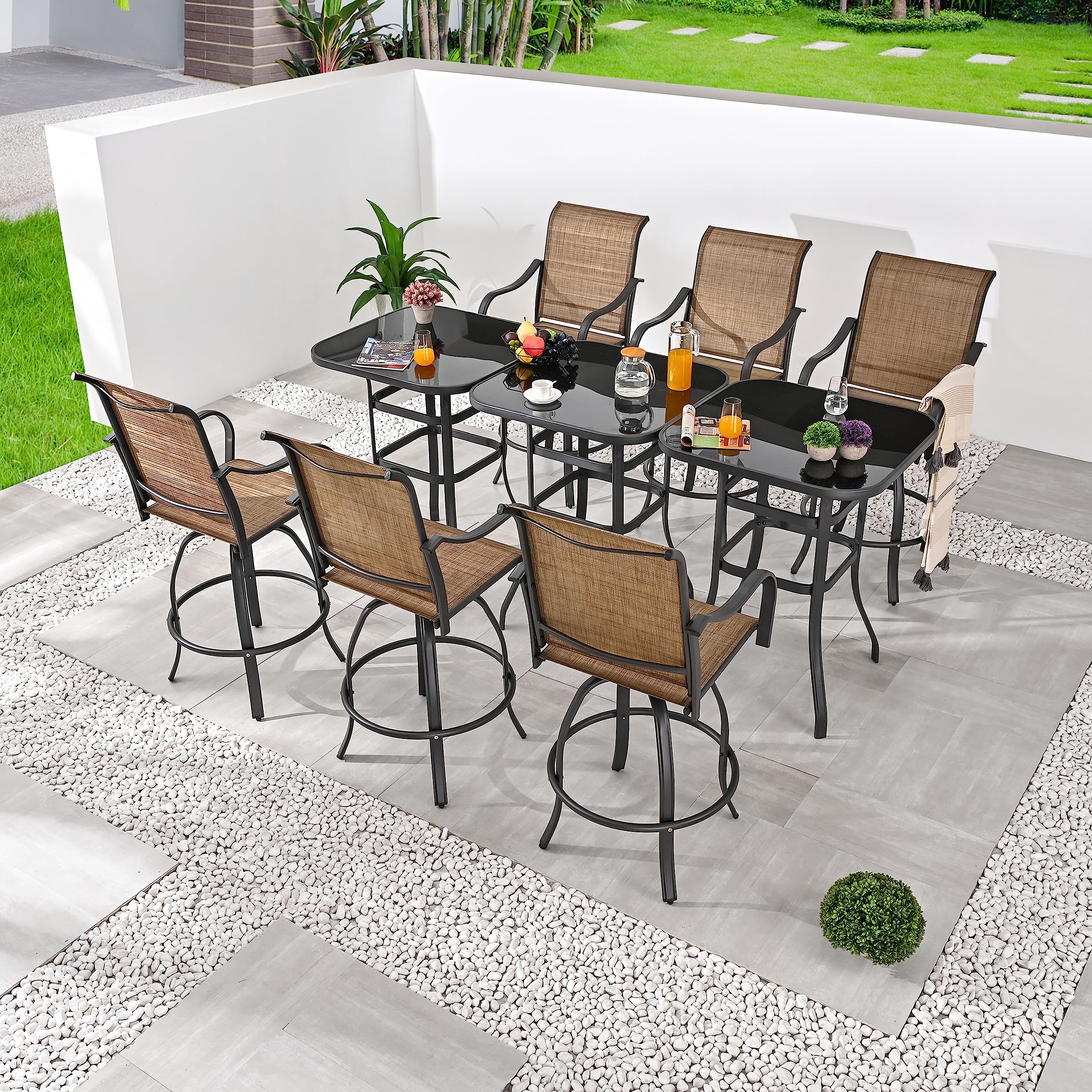 PatioFestival 9-Piece Outdoor Swivel Bar Stool Set with 3 Glass Top Tables - All-Weather Bistro Height Dining Chairs for Patio, Deck, Garden & Backyard (Brown) - Perfect for Outdoor Entertaining, BBQs & Poolside Relaxation