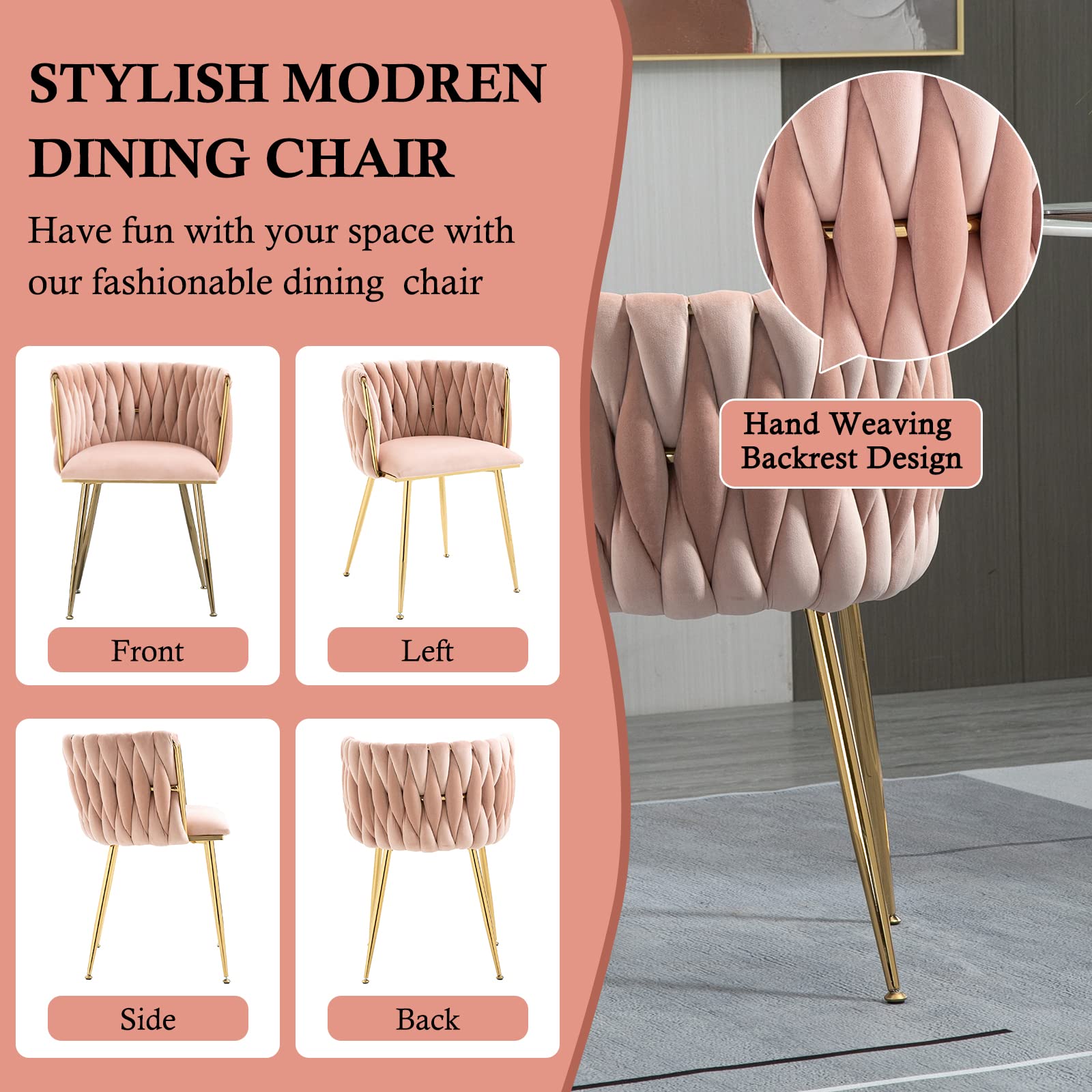 NIOIIKIT Modern Velvet Dining Chairs Set of 2 - Handwoven Upholstered Accent Chairs with Golden Metal Legs for Living Room, Dining Room, Kitchen & Vanity (Pink) - Perfect for Home Decor, Entertaining & Small Space Seating