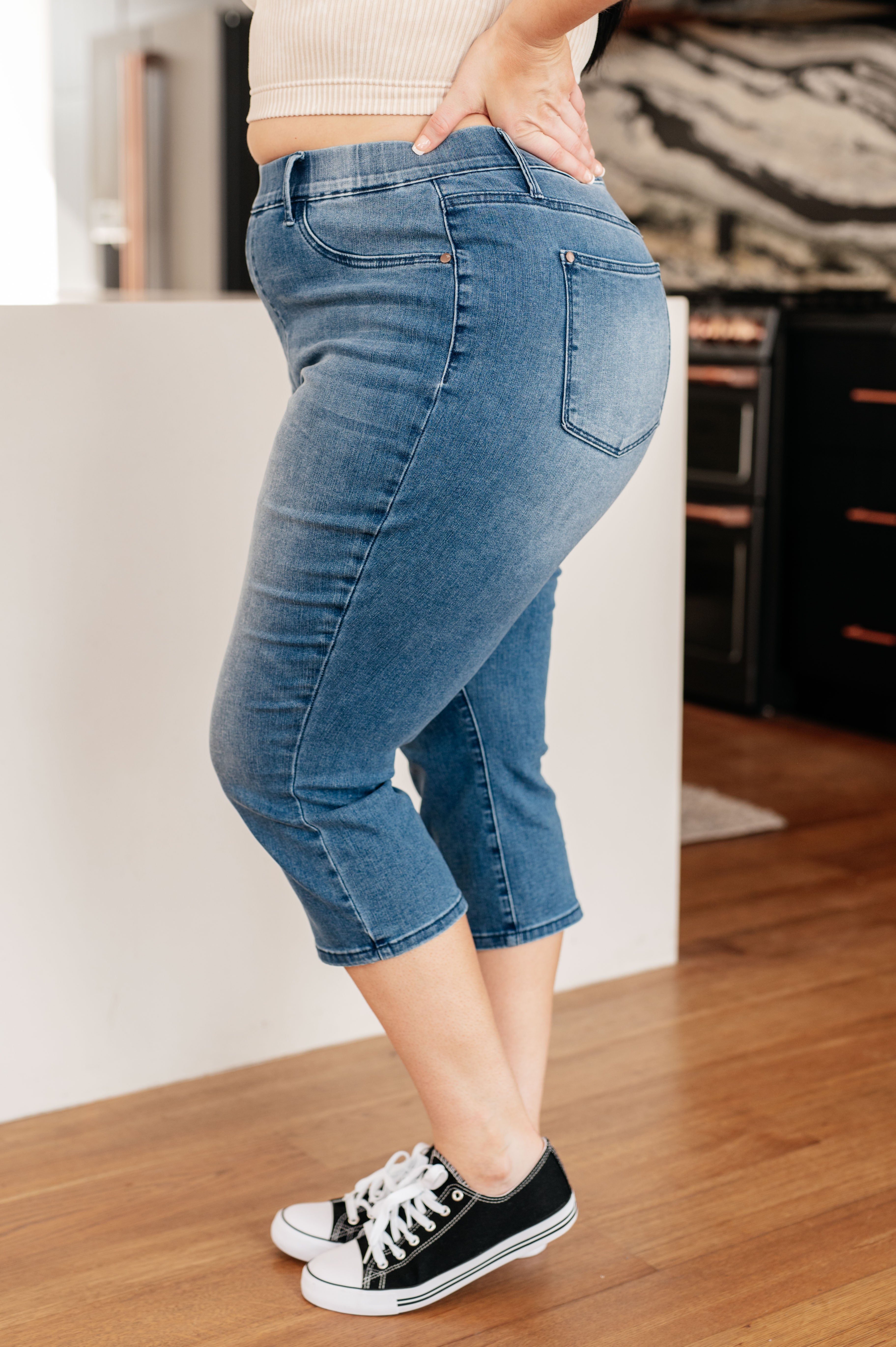 Emily High Rise Cool Denim Pull On Capri Jeans for Women - Stretchy Comfort Fit, Trendy Casual Summer Pants for Travel & Everyday Wear