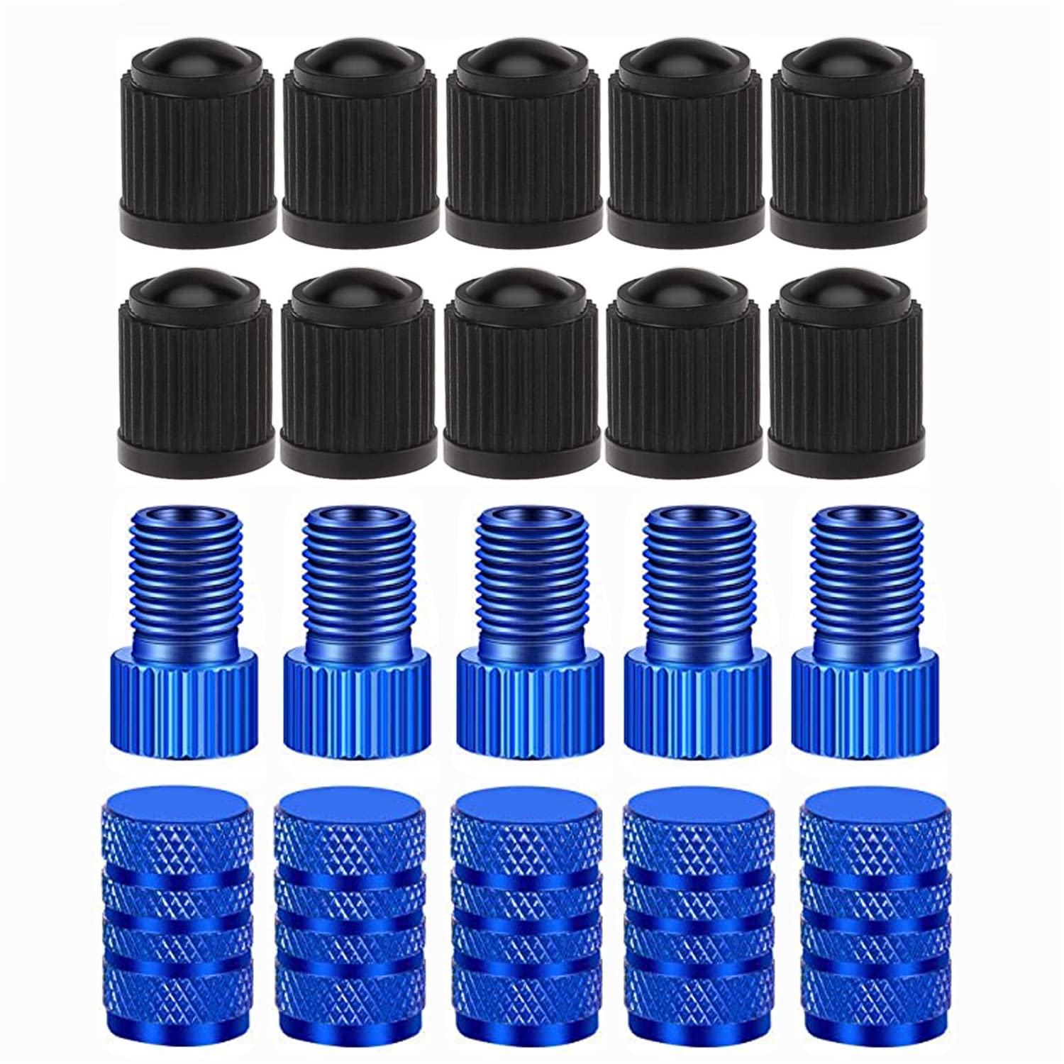 Presta to Schrader Valve Adapter (5 Pack) - Bicycle Pump Converter with 15 Valve Caps - French/UK to US Bike Valve Adapter for Mountain Bikes, Road Bikes & Cars - Perfect for Inflating Tires at Home or On the Go (Blue)