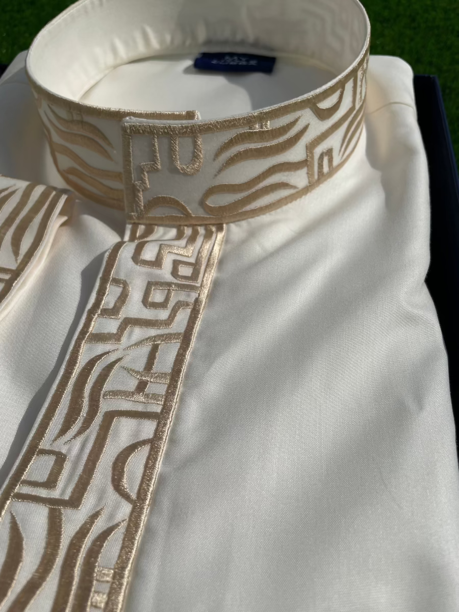 Premium Men's Cream Saudi Thobe with Gold Embroidery - Traditional Islamic Robe for Eid, Wedding & Special Occasions