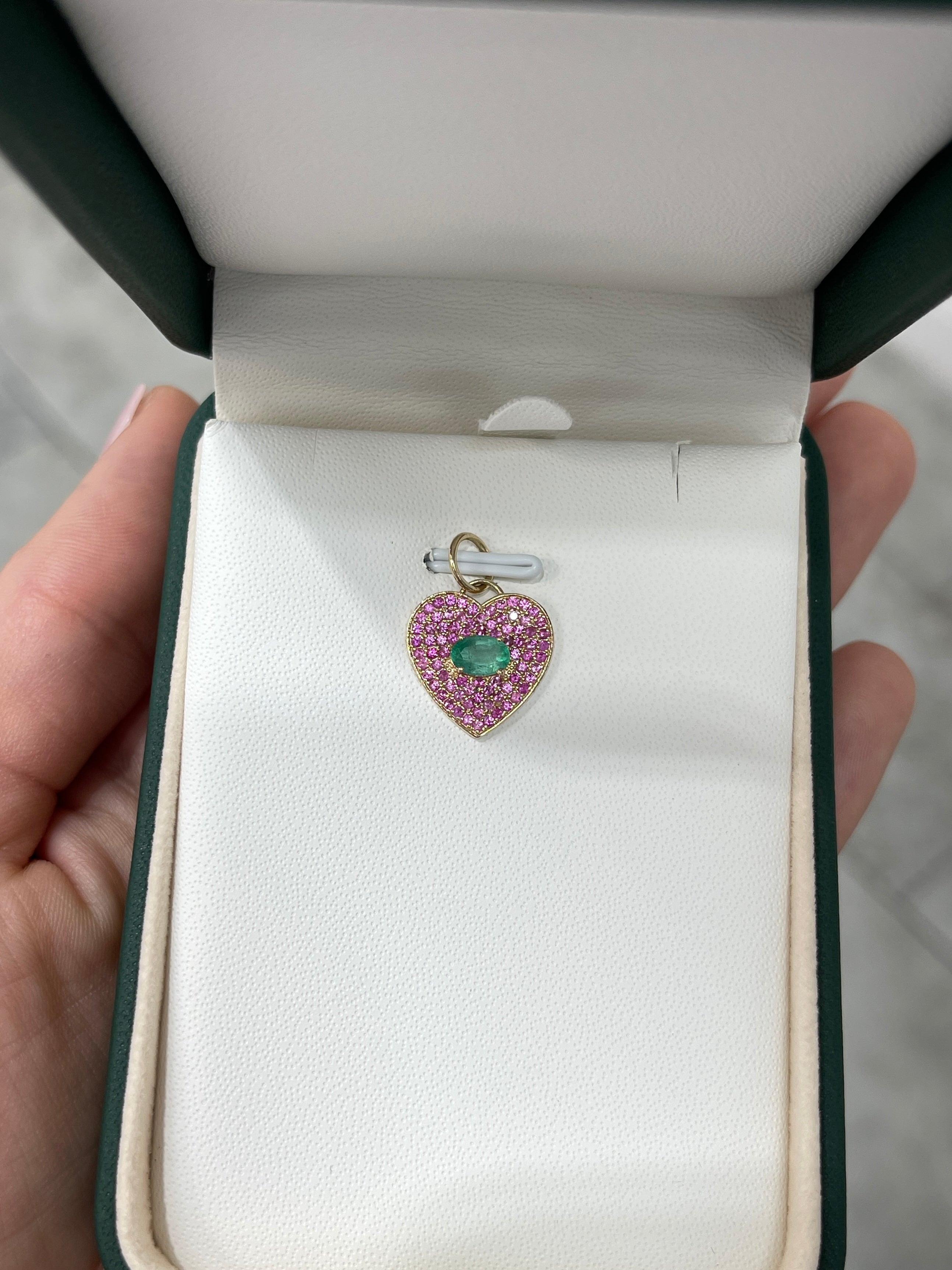 1.0tcw 14K Gold Emerald & Pink Sapphire Heart Cluster Pendant Charm Necklace - Elegant Jewelry Gift for Women, Valentine's Day & Anniversary