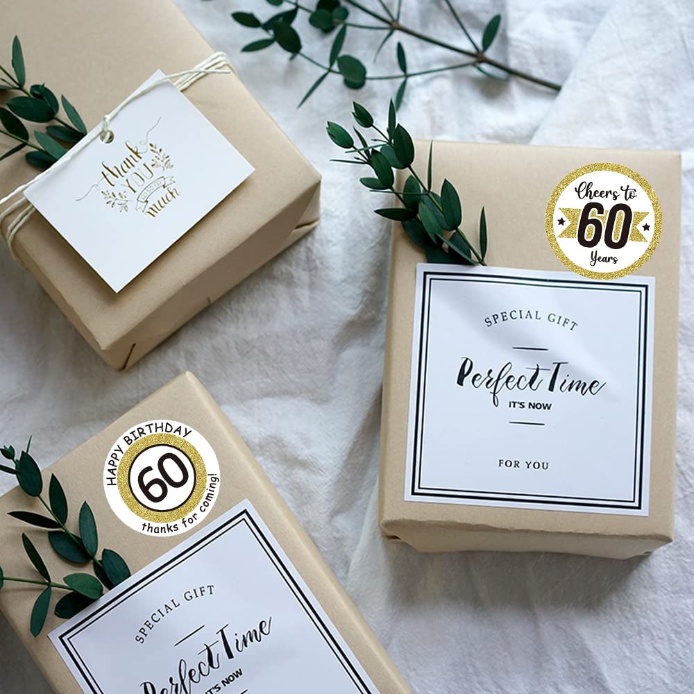 REWIDPARTY White Gold 60th Birthday Stickers - 500 Cheers to 60 Years Adhesive Party Stickers Roll for Birthday & Anniversary Decorations | Perfect for Cake Toppers, Gift Wrapping, Scrapbooking & Party Favors