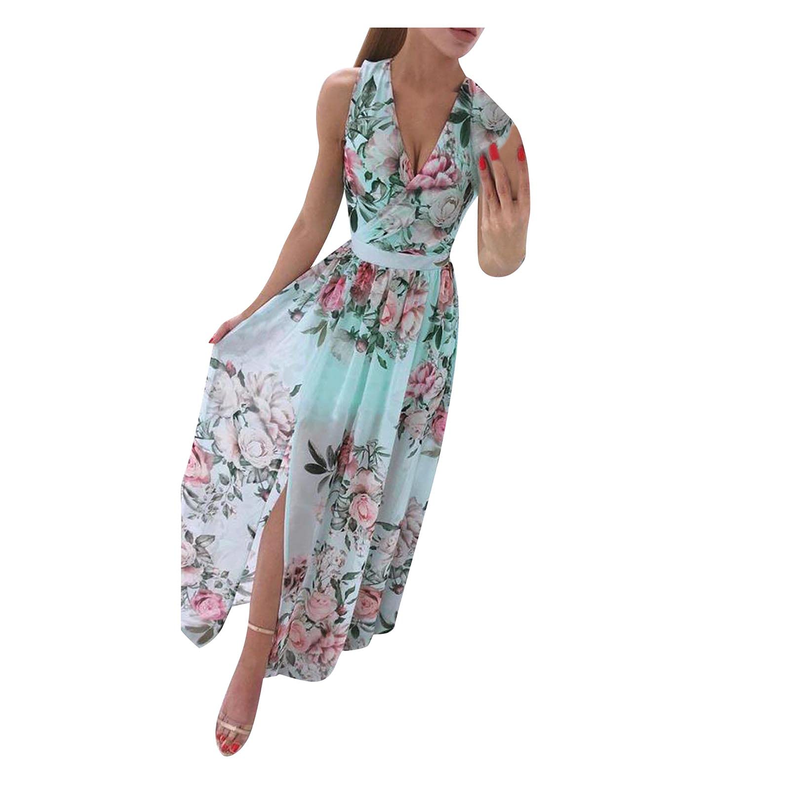 Floral Wrap Dress for Women - Sleeveless V-Neck Maxi Dress with Side Slit, Flowy Summer Beach Dress for Vacation, Party & Date Night