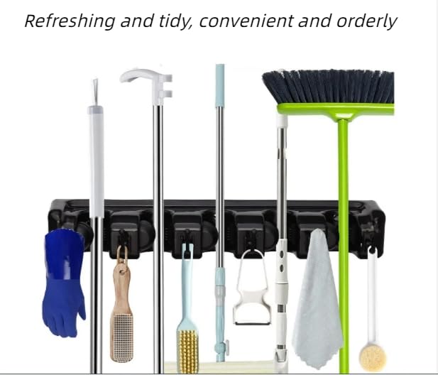 Multi-Functional Wall Mounted Hook Mop Clip - 5 Hanger Matte Black Broom Storage Rack for Kitchen, Bathroom & Garage Organization