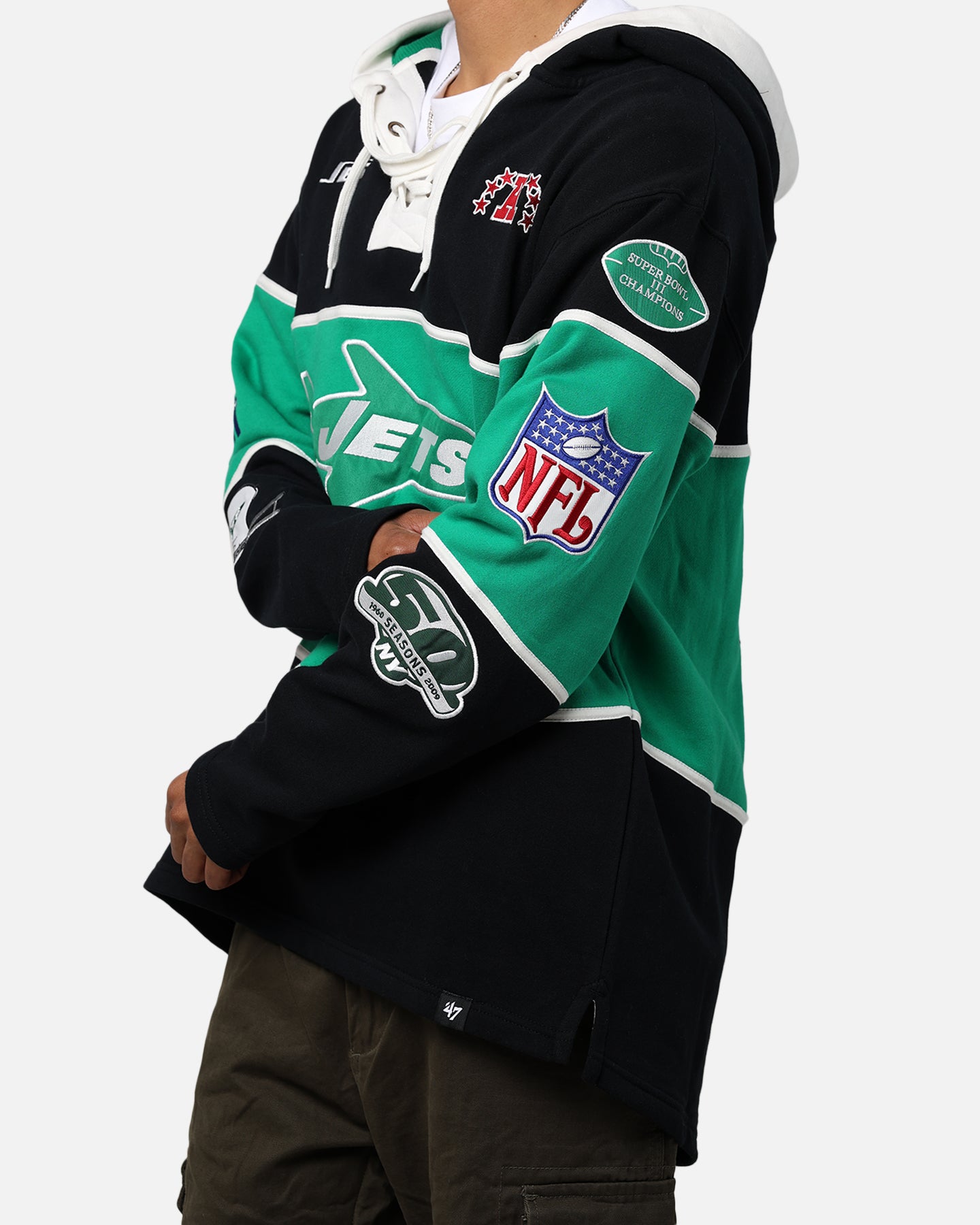 47 Brand New York Jets Super Bowl Gridiron Lacer Hoodie - Jet Black - NFL Fan Gear for Game Day & Cold Weather Wear