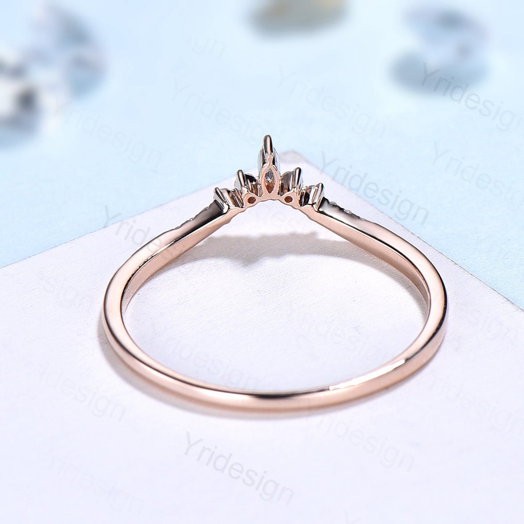 Elegant Rose Gold Marquise Cut Moissanite Wedding Band for Women - Curved Chevron Stacking Ring, Unique Promise & Anniversary Ring - Perfect for Bridal Sets, Stacking, or Special Occasions