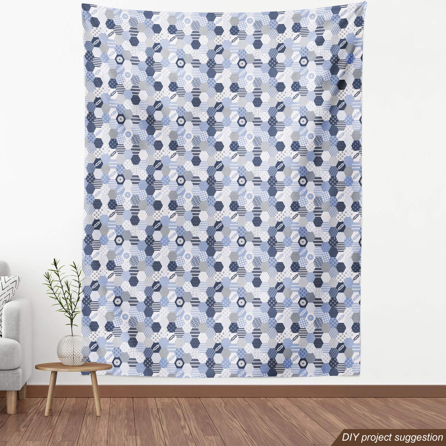 Ambesonne Blue Nautical Fabric by The Yard - Lavender Blue & Grey Hexagon Pattern Upholstery Material (5 Yards, White Dark Slate Blue) | Perfect for Sofa Covers, Curtains, Pillows & Home Decor Projects